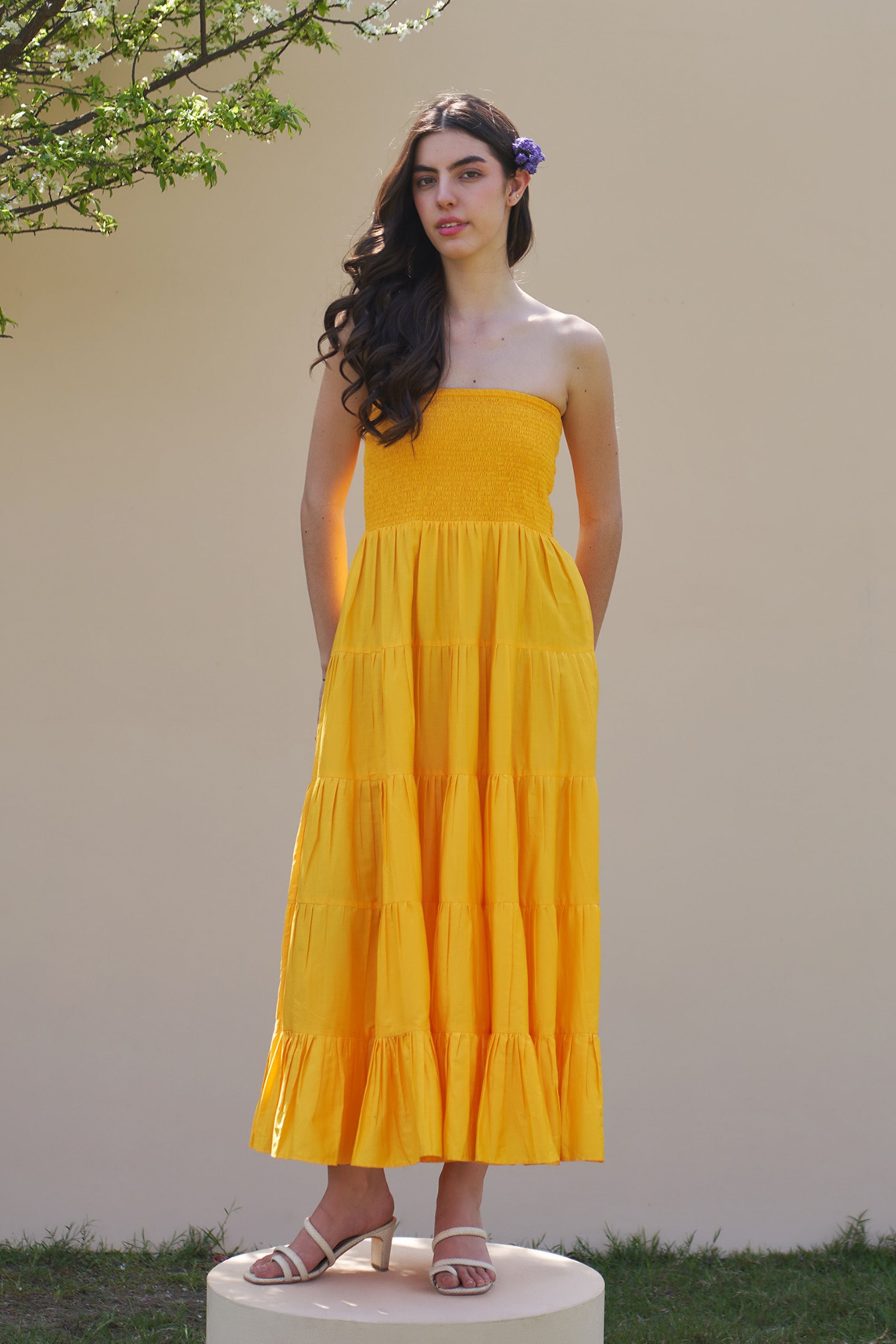Beatrice Mango Sorbet Midi Dress with Detachable Sleeves