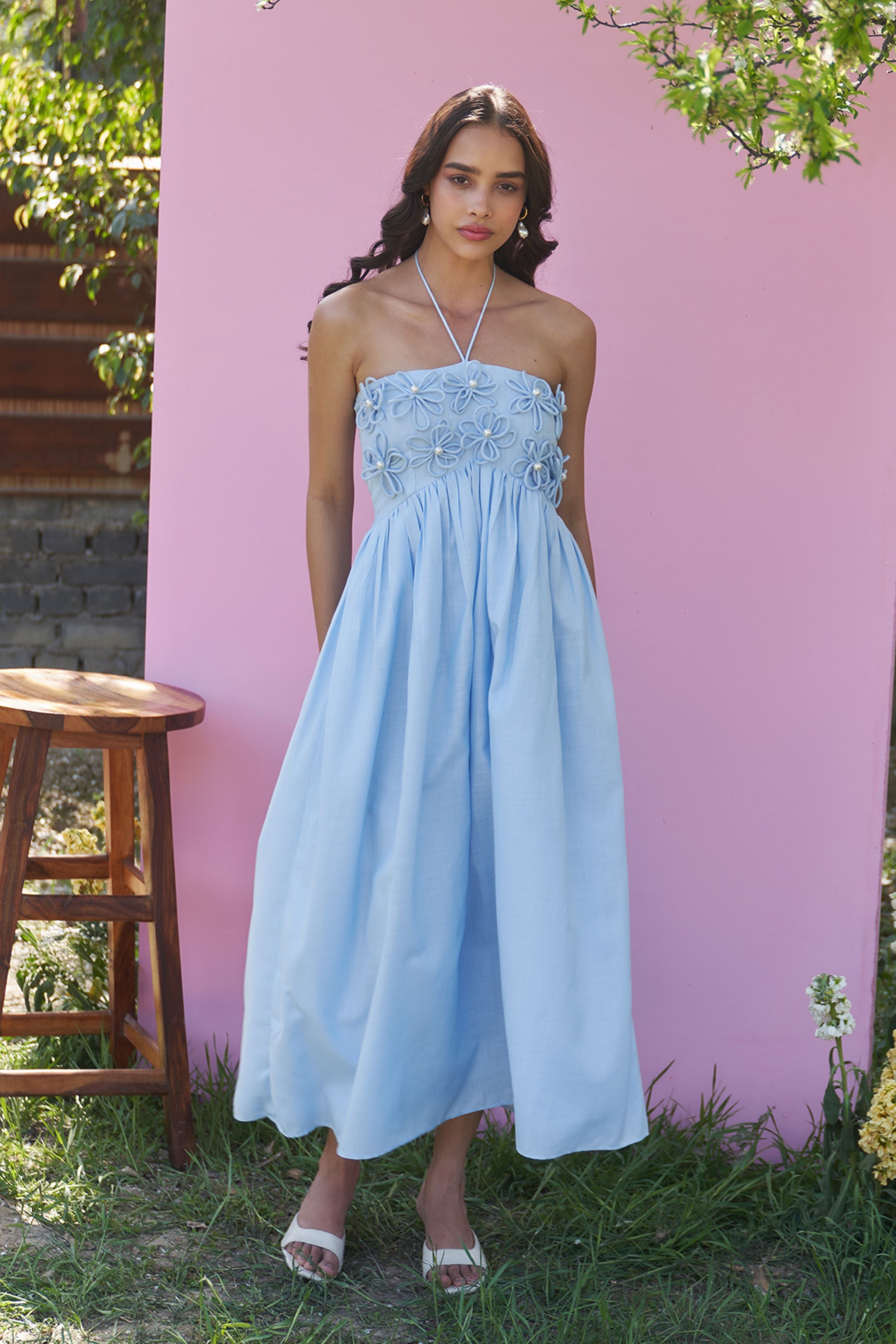 Elle Powder Blue Midi Dress with Detachable Sleeves