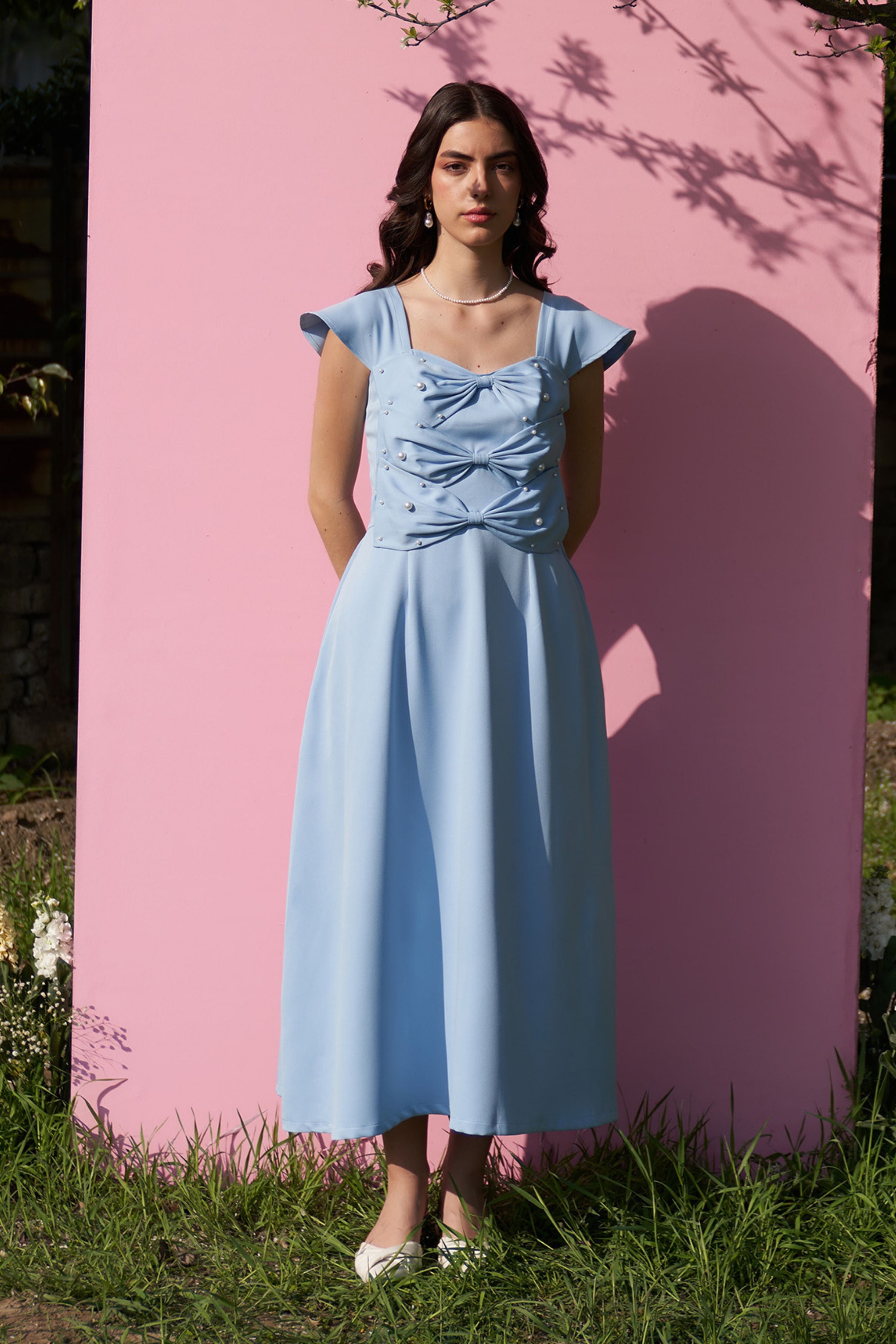 3 Bow Powder Blue Midi Dress