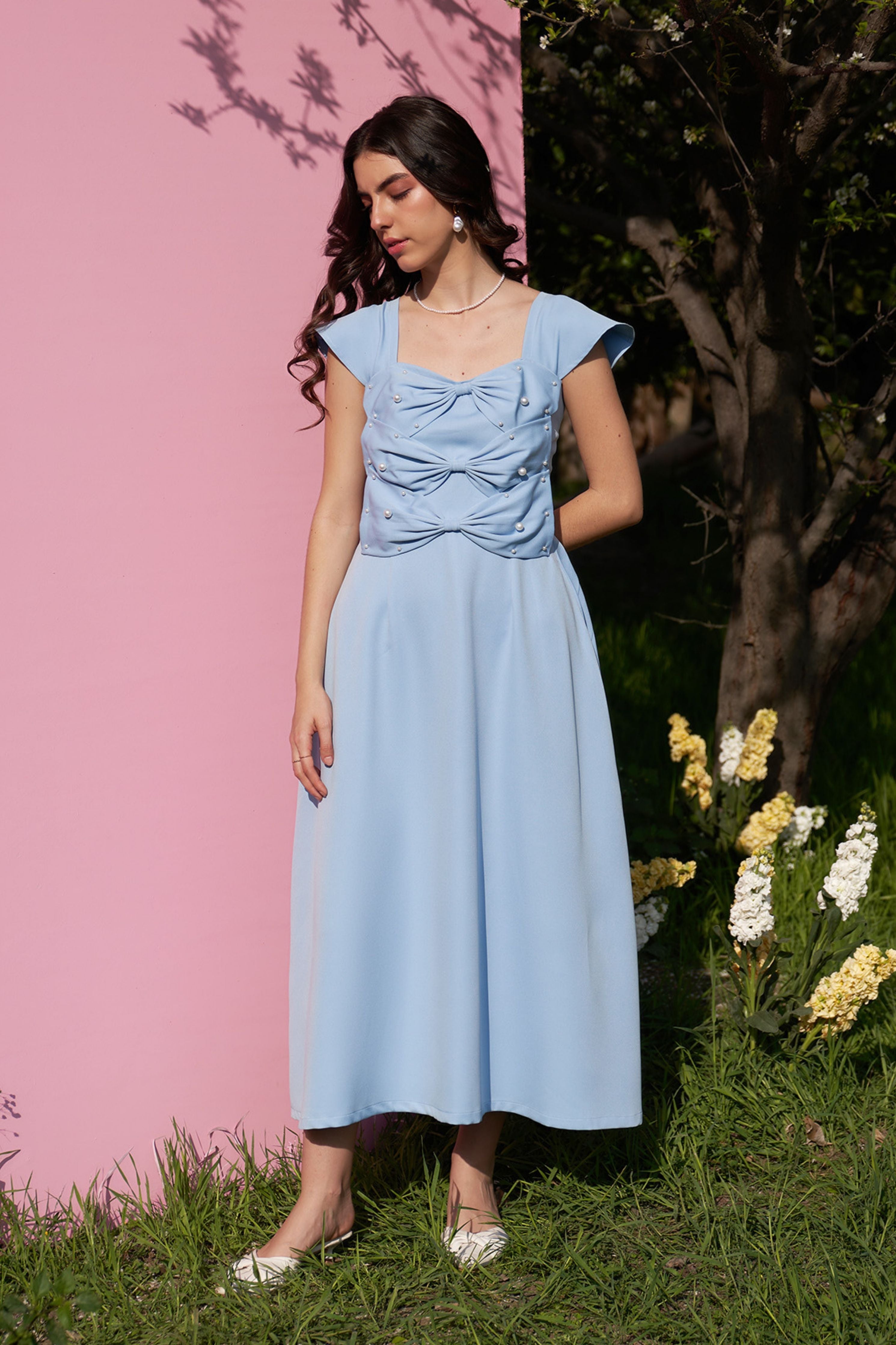 3 Bow Powder Blue Midi Dress
