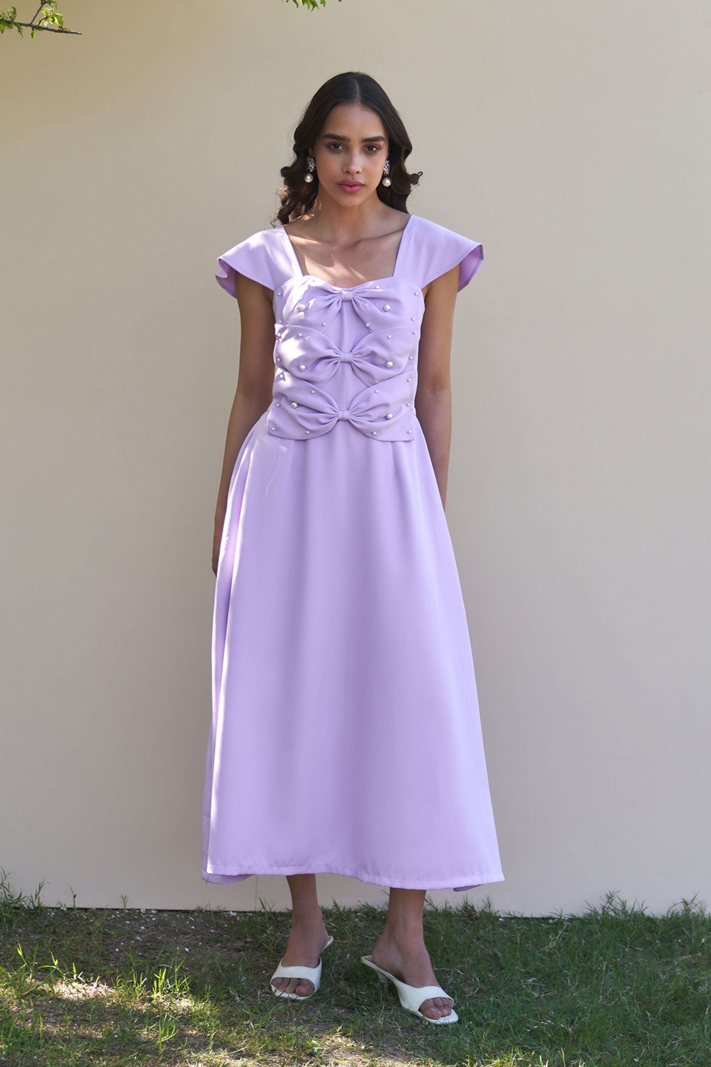 3 Bow Lilac Midi Dress