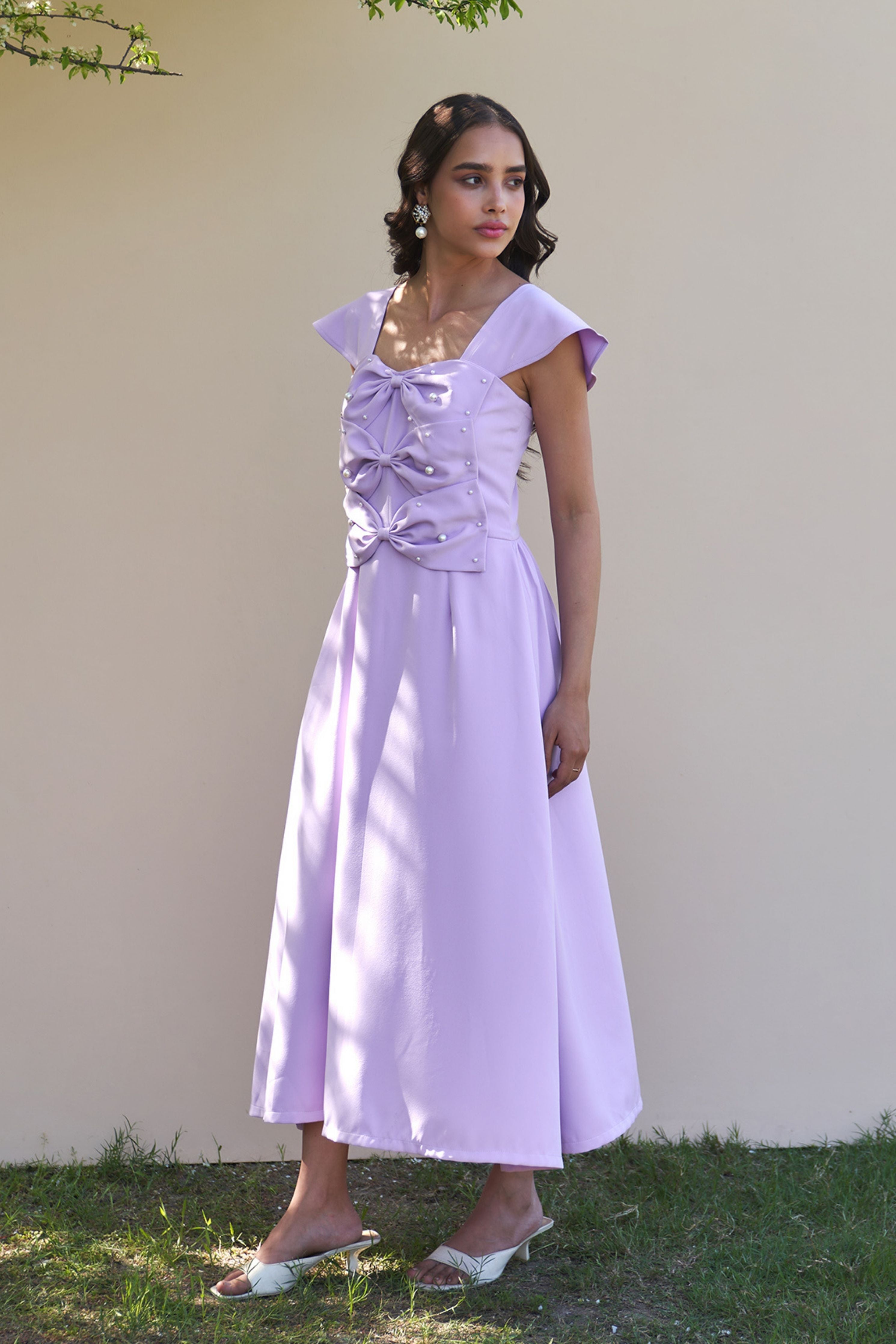 3 Bow Lilac Midi Dress