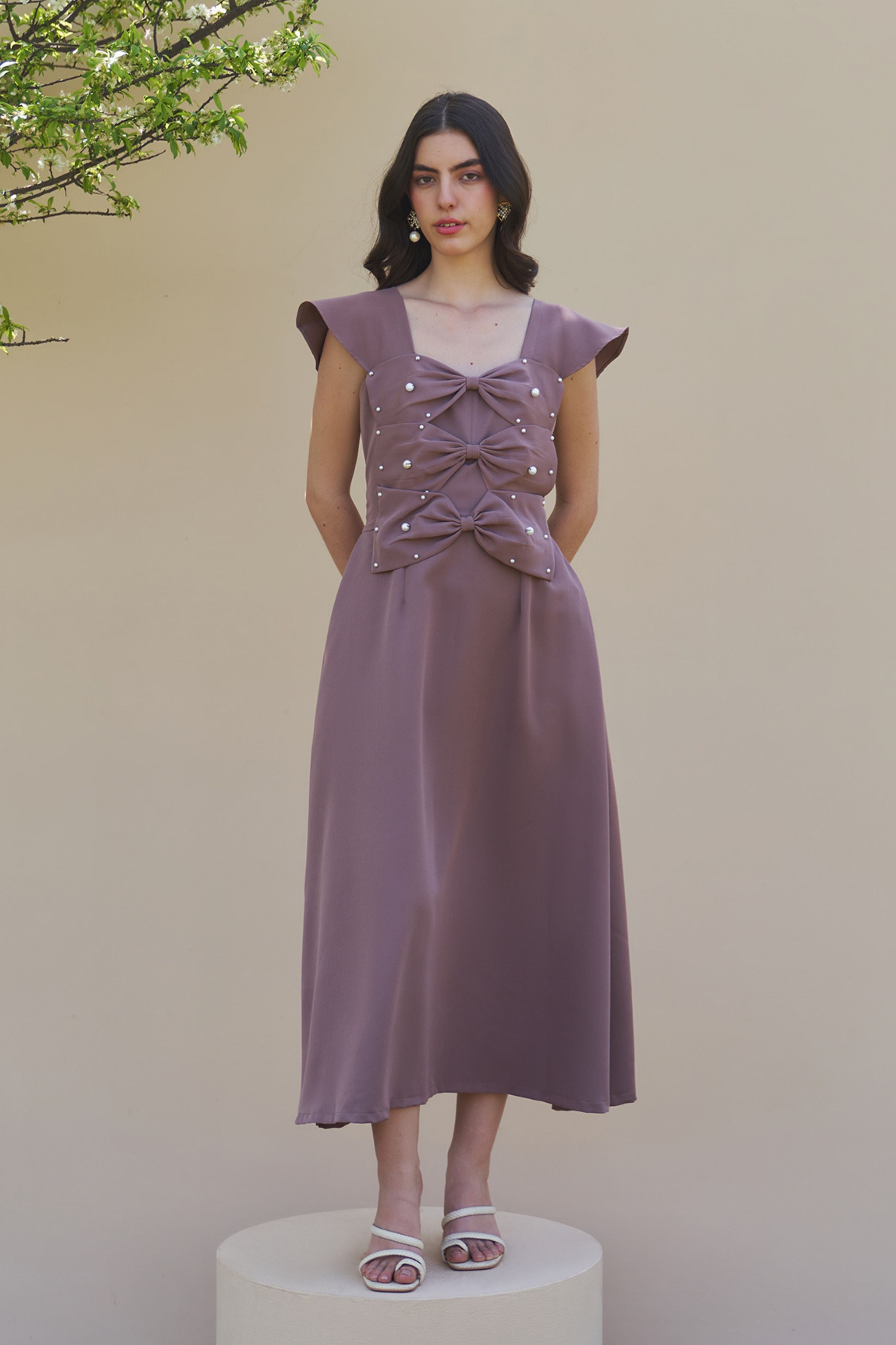 3 Bow Mocha Midi Dress