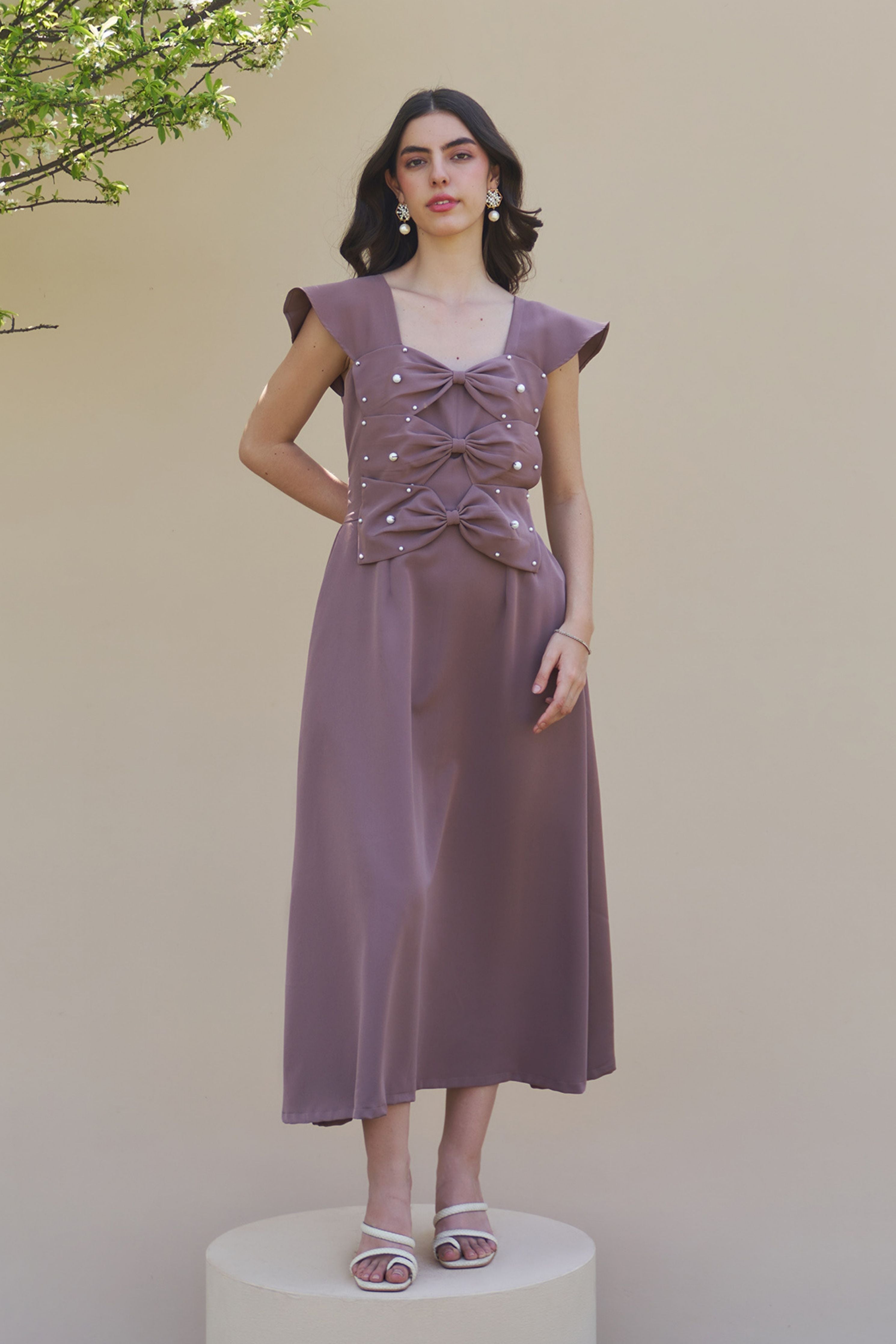3 Bow Mocha Midi Dress