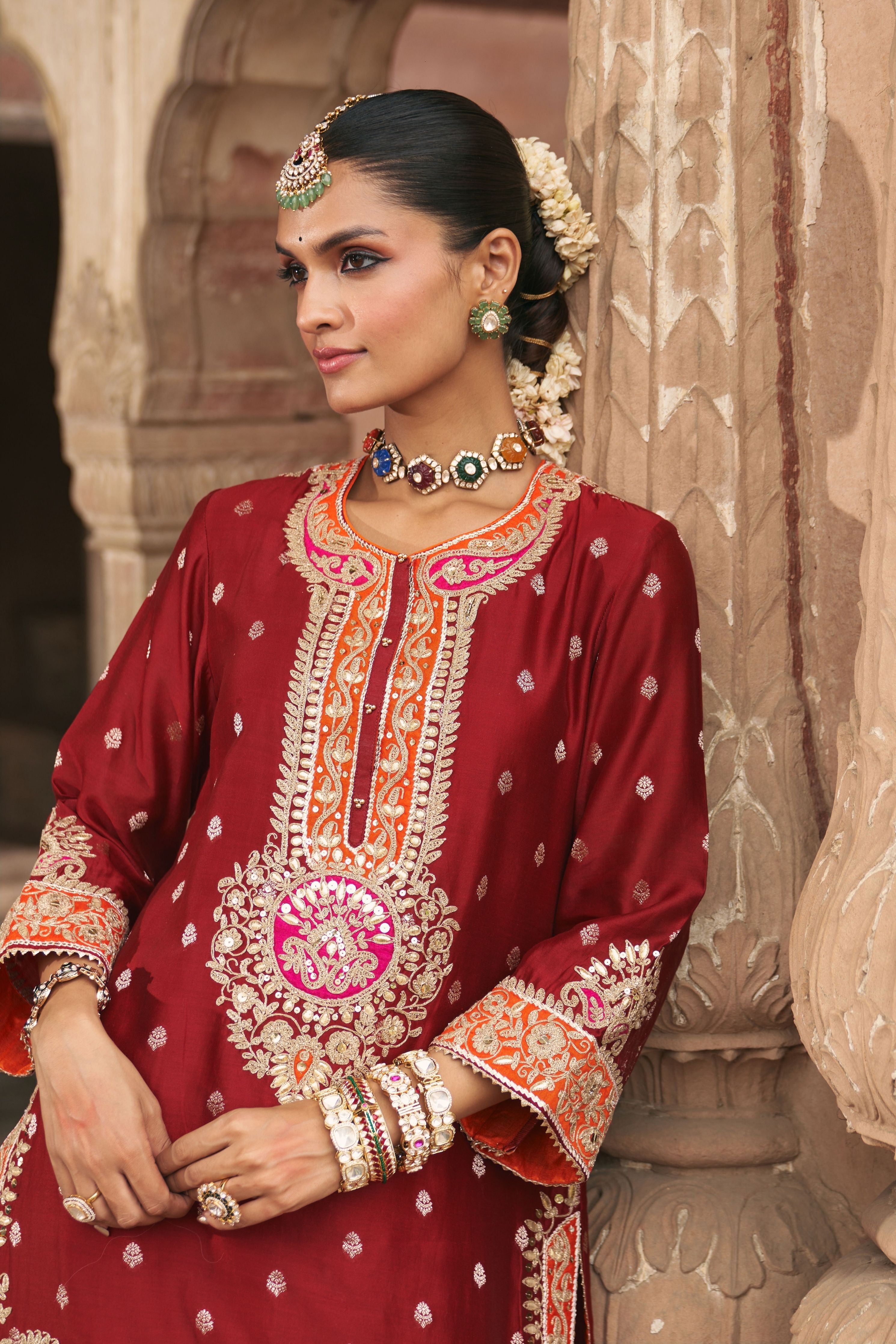 Anila  Deep Red Short Kurta With Salwar