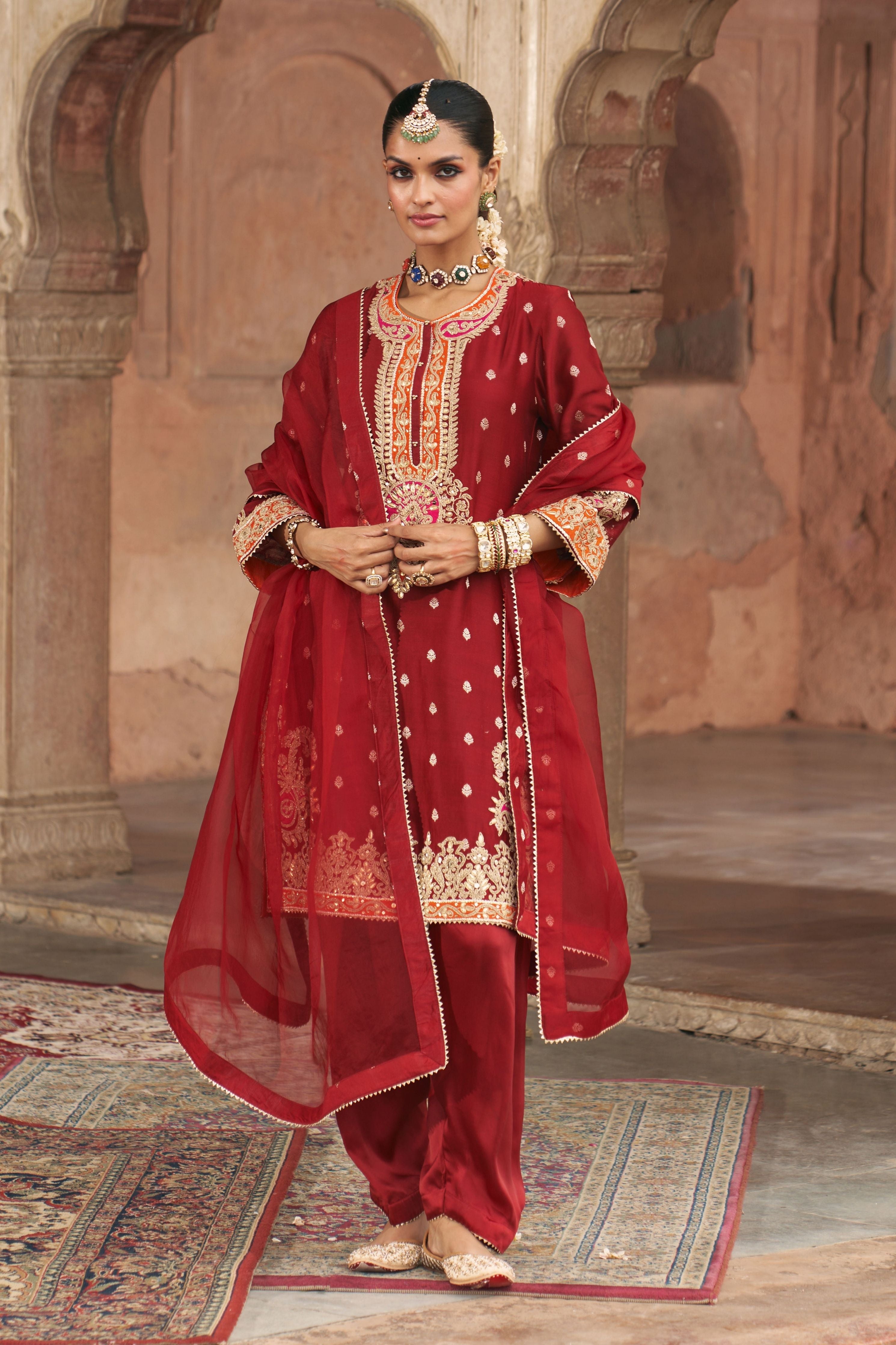 Anila  Deep Red Short Kurta With Salwar And Dupatta