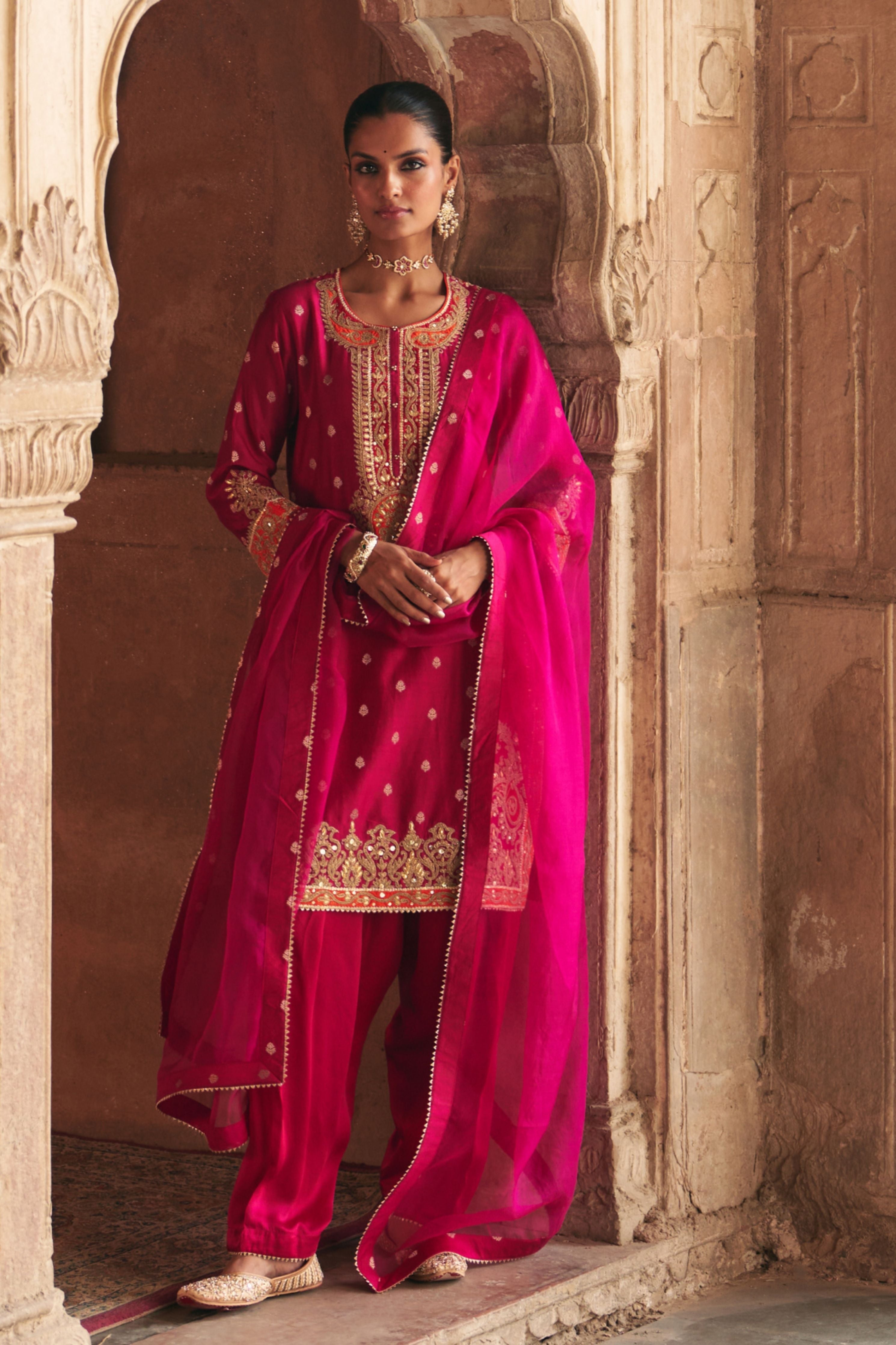 Anila Hotpink Short Kurta With Salwar