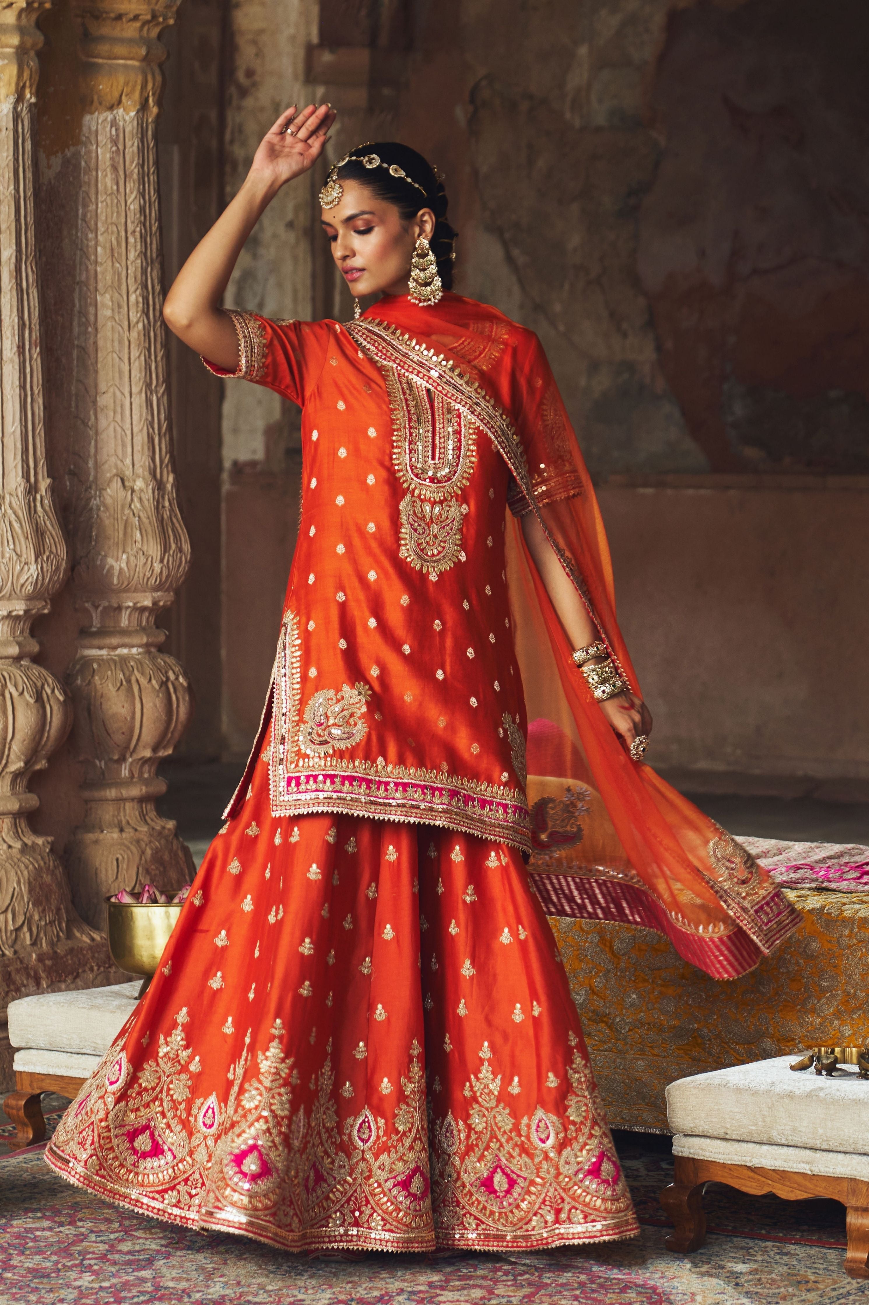 Areesha  Burnt Orange Short Kurta With Sharara And Dupatta