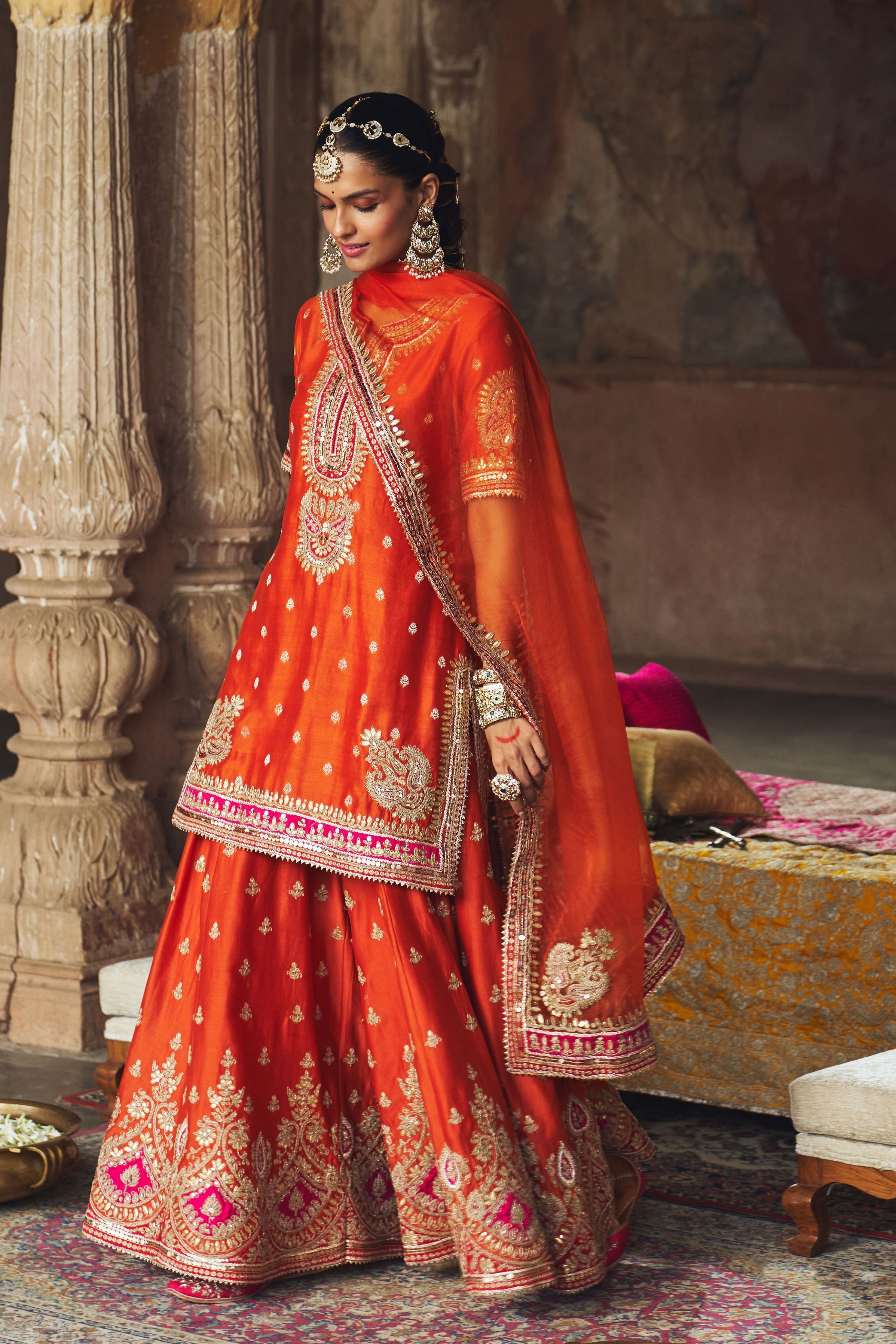 Areesha  Burnt Orange Short Kurta With Sharara And Dupatta