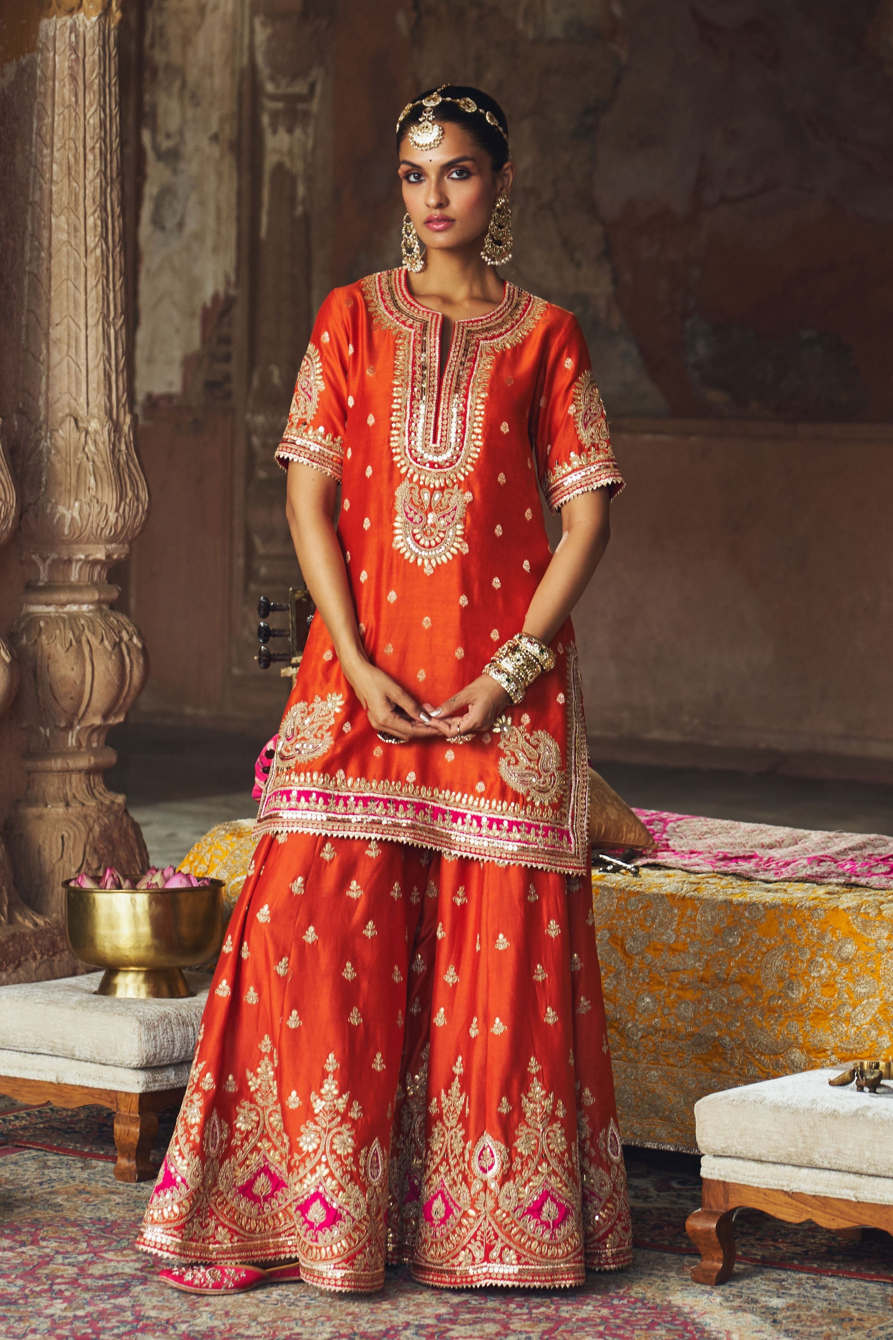 Areesha  Burnt Orange Short Kurta With Sharara And Dupatta