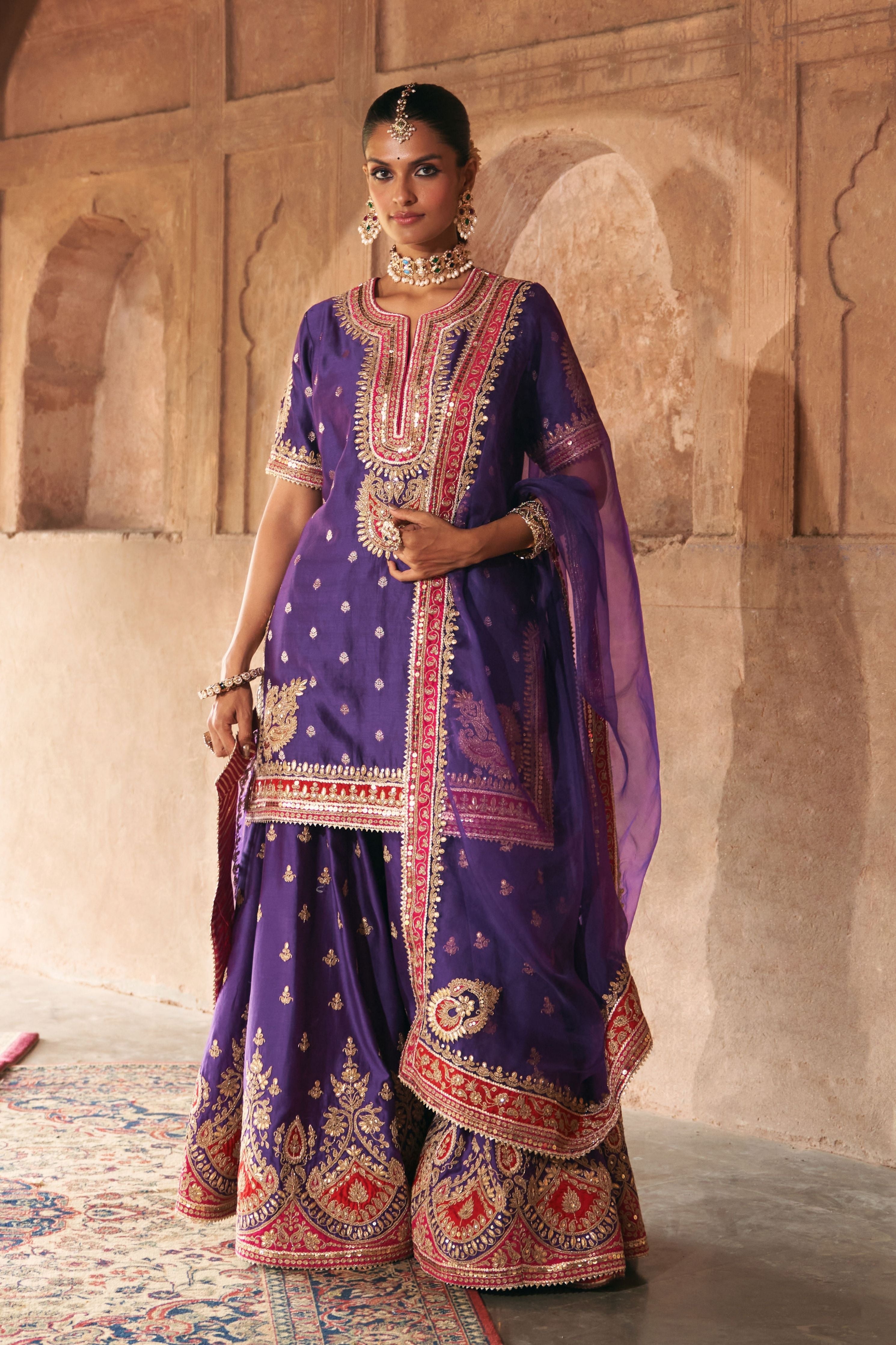 Areesha  Deep Purple Short Kurta With Sharara And Dupatta