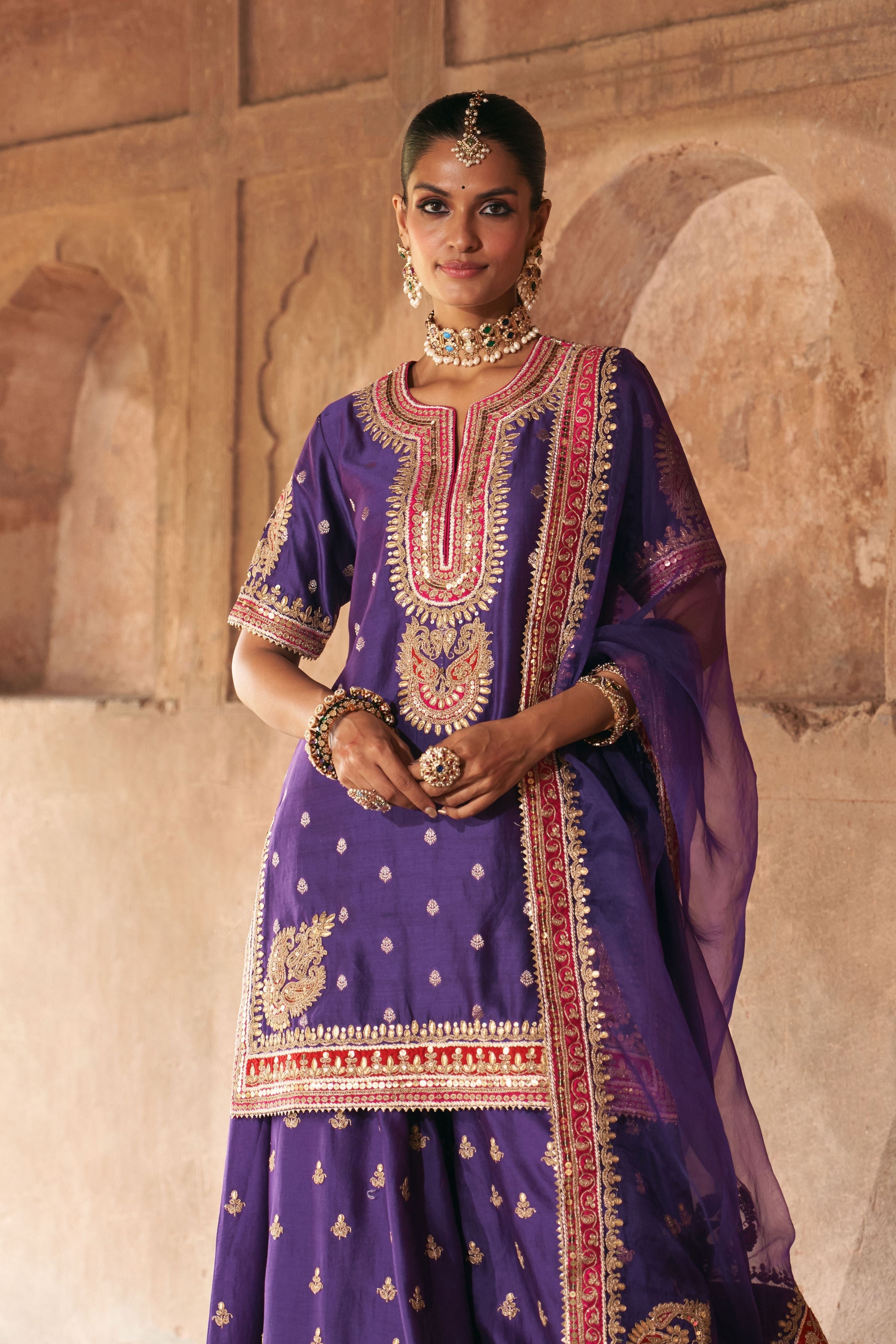 Areesha  Deep Purple Short Kurta With Sharara And Dupatta