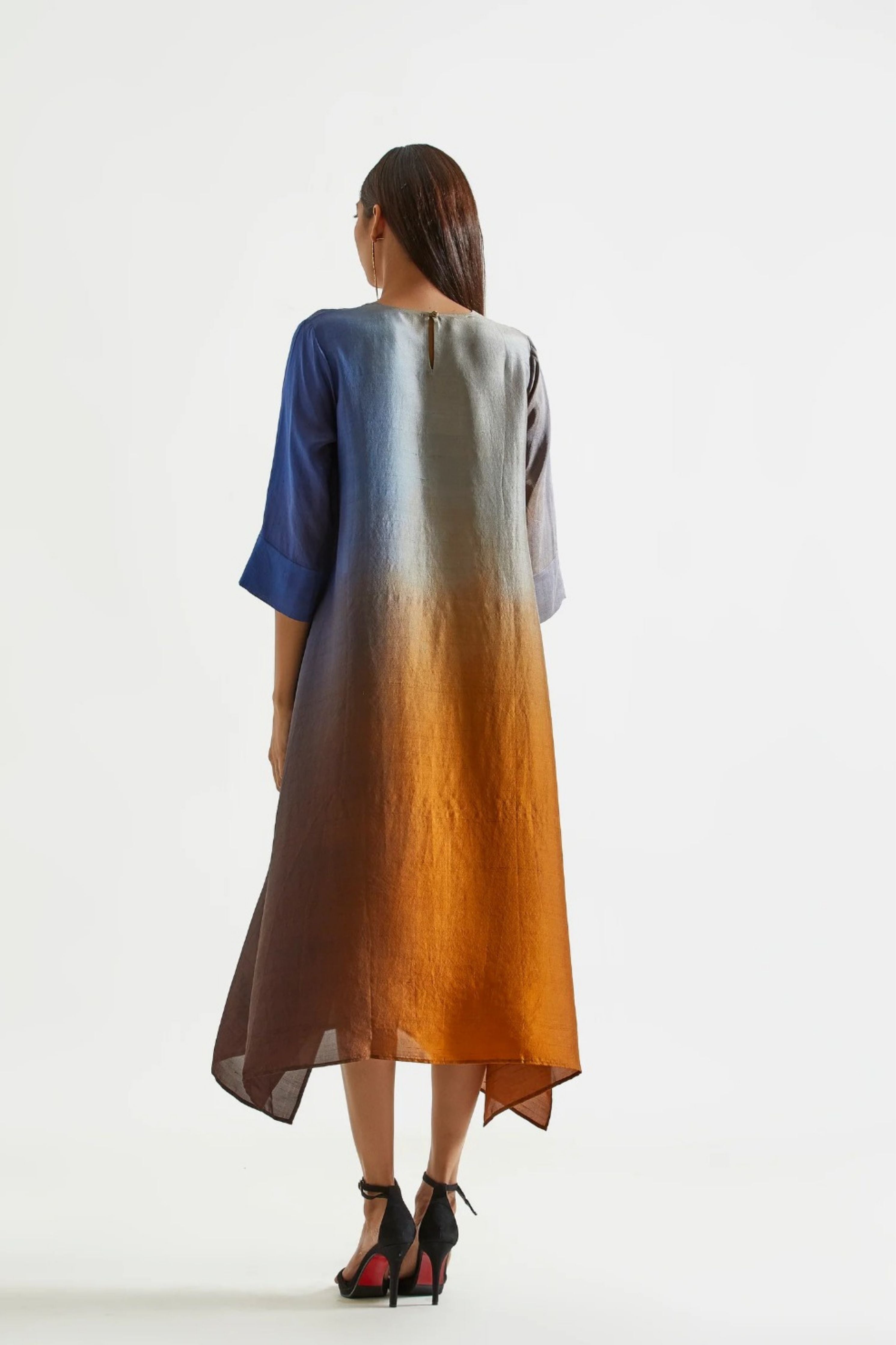 Ink Mustard Assyemtrical Ombre Kurta with Stole