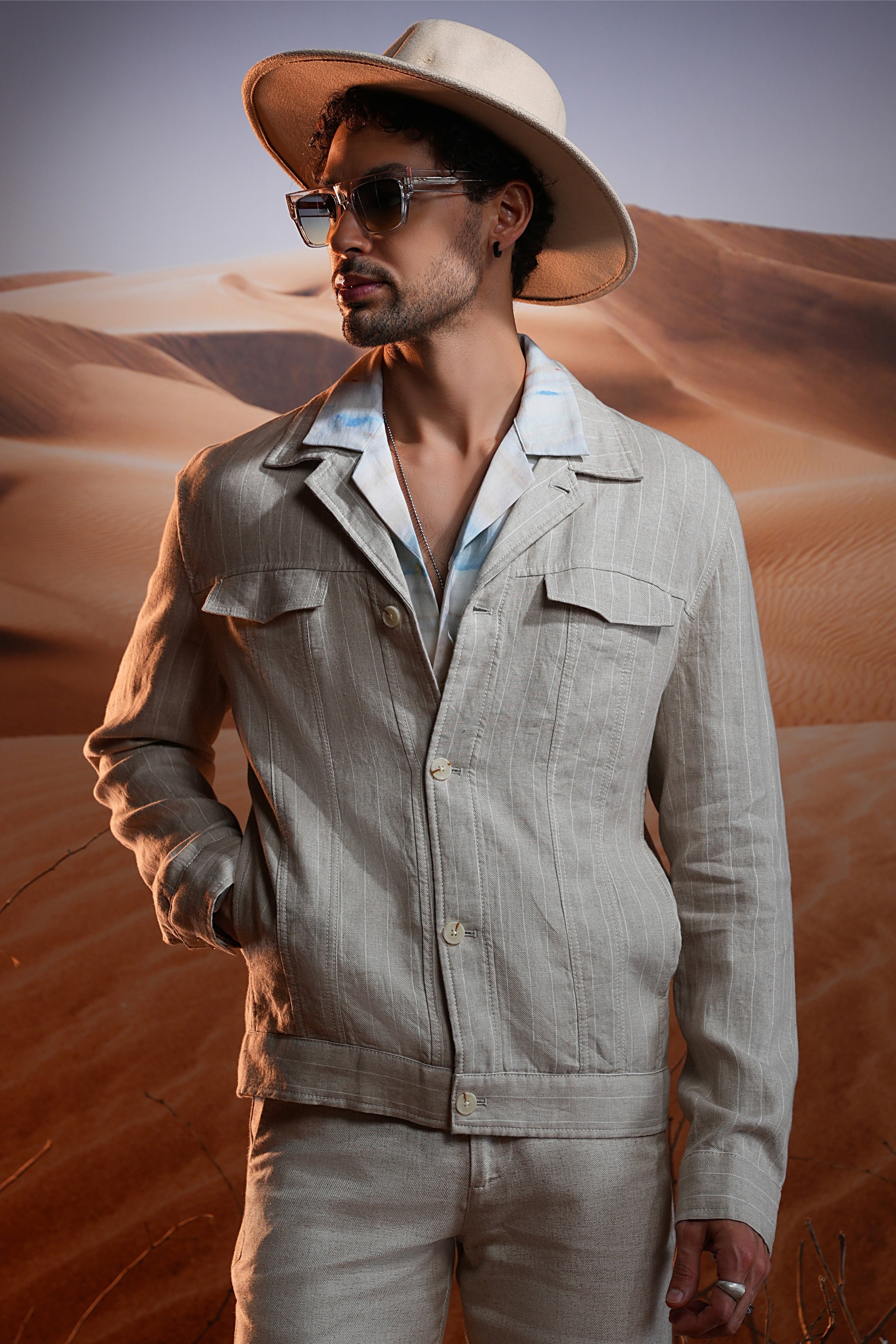 Natural Chalk Stripe Linen Cuban Collar Jacket