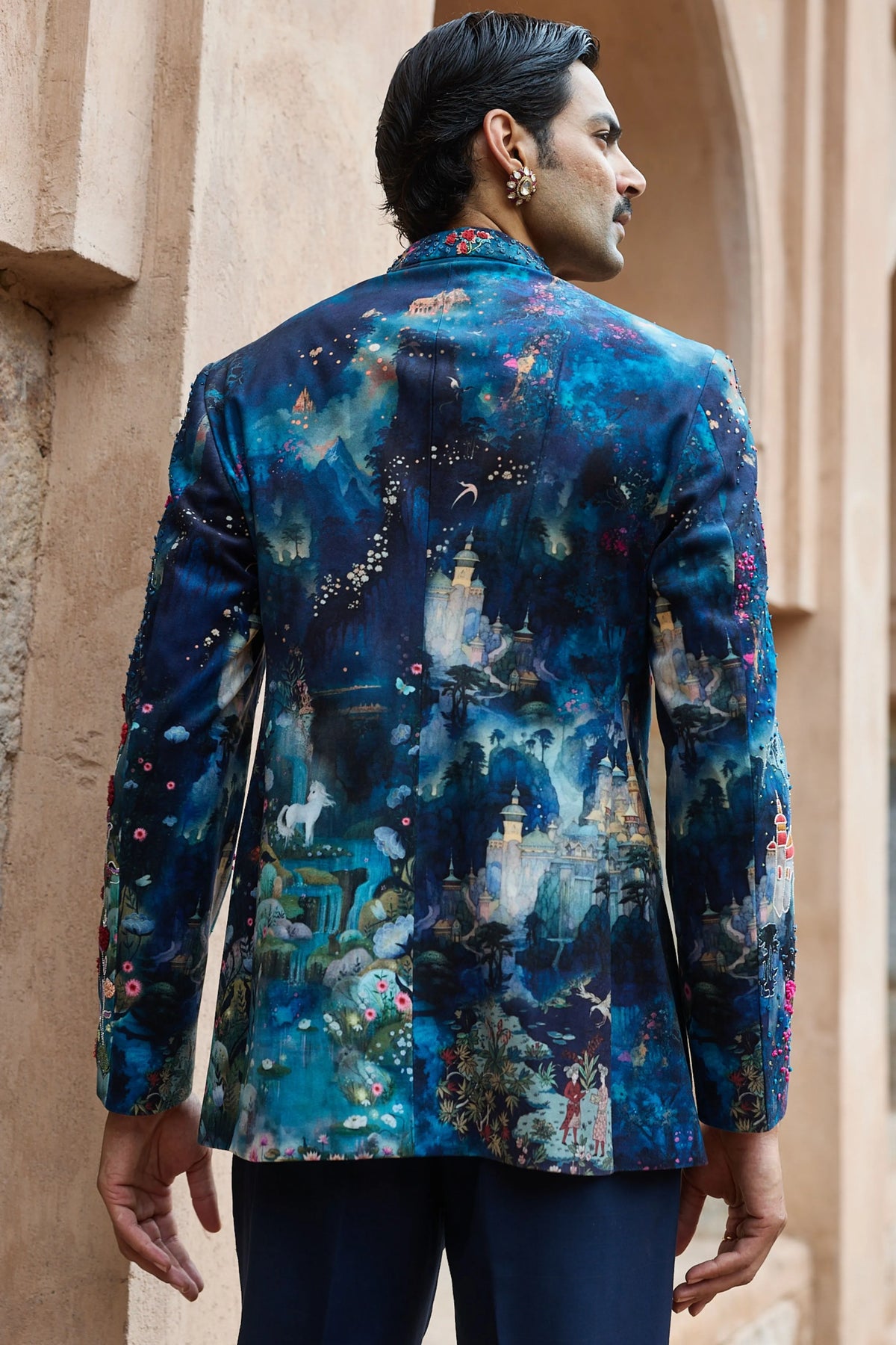 Midnight Printed Velvet Embroidered Bandhgala Set