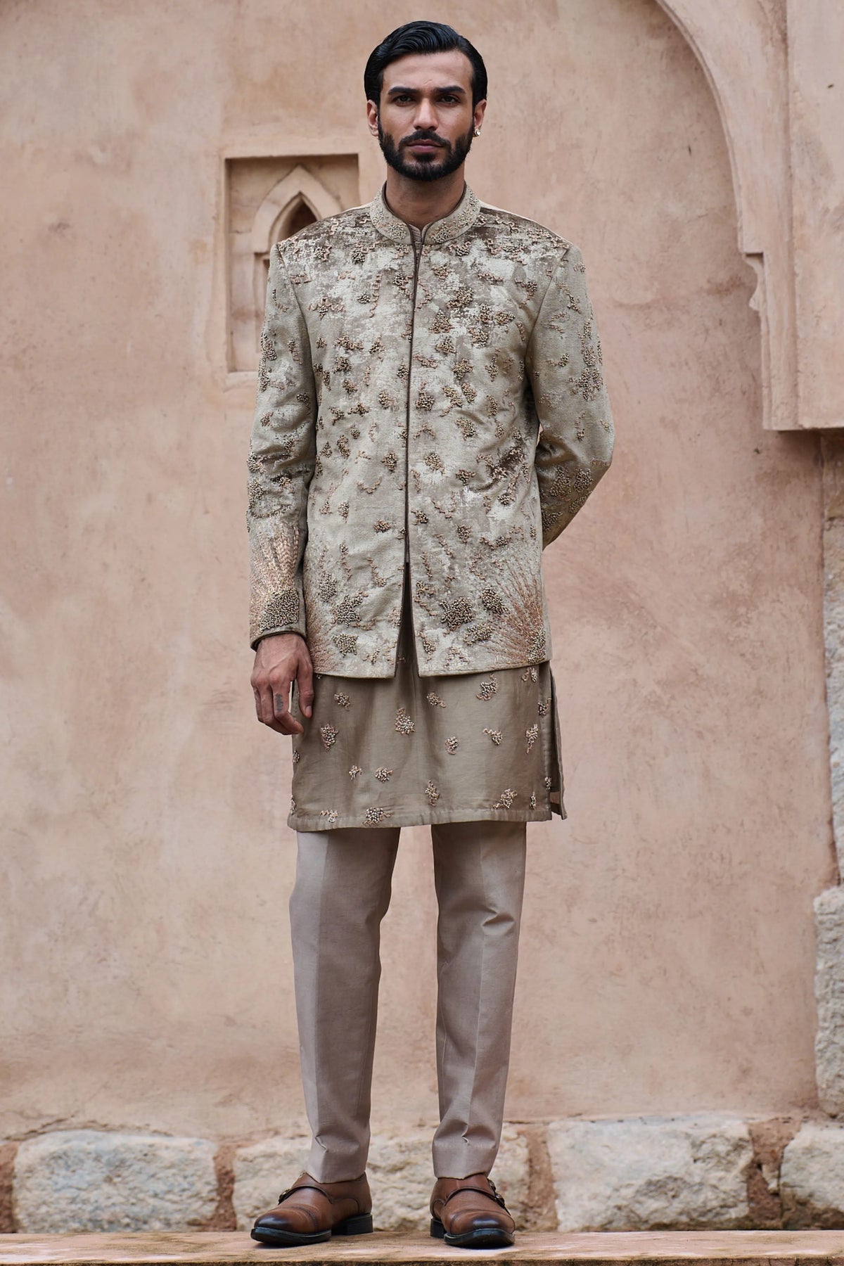 Natural Brown Velvet Embroidered Bandhgala Set