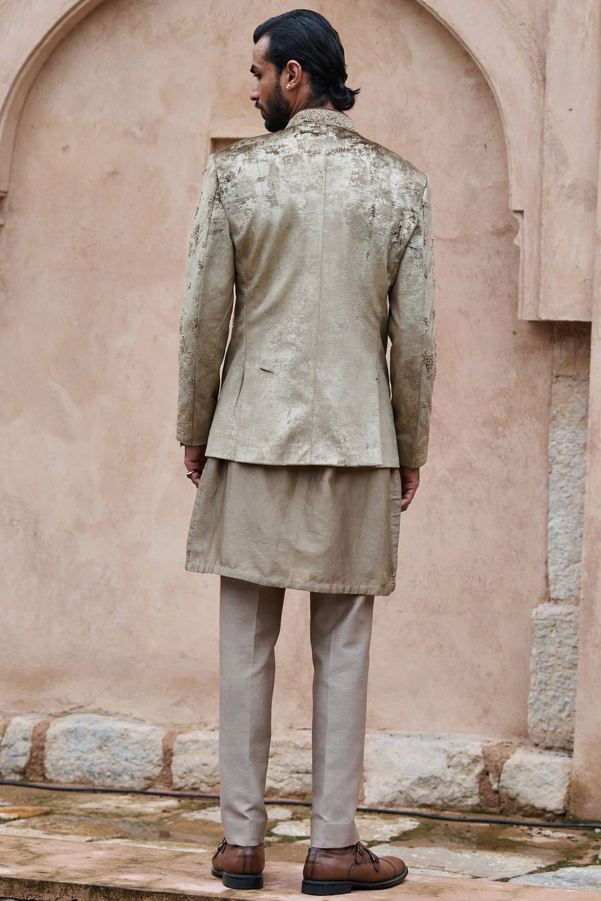 Natural Brown Velvet Embroidered Bandhgala Set