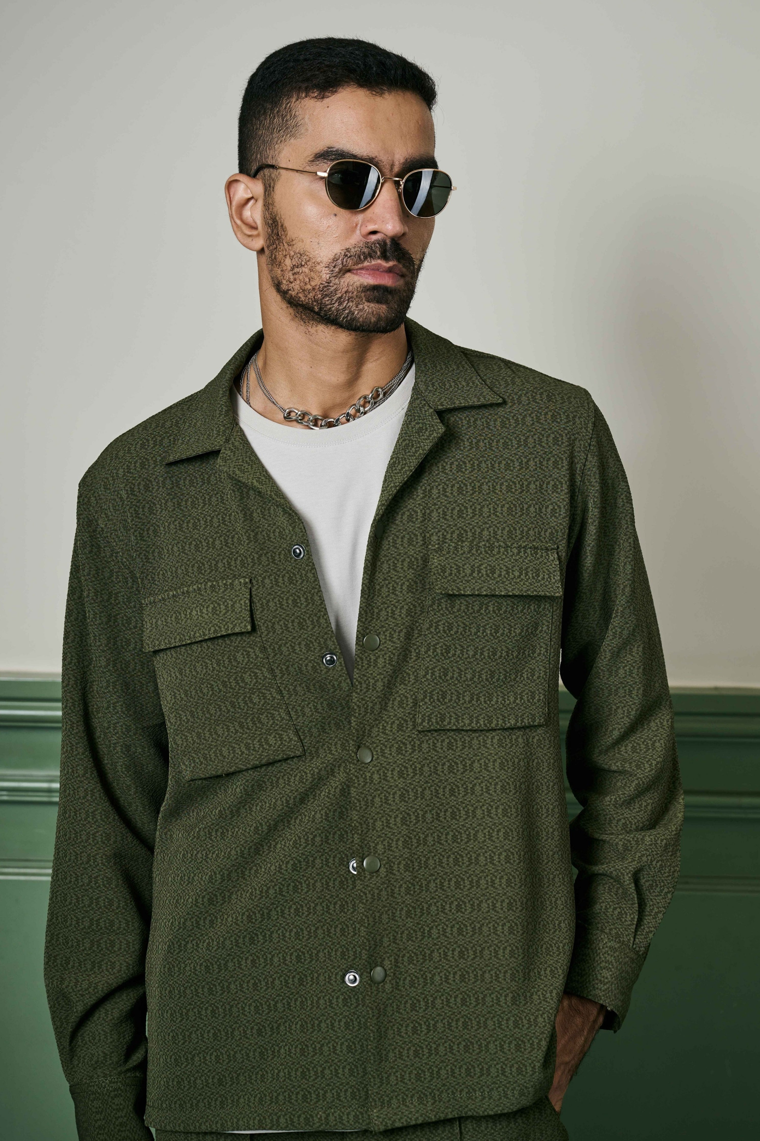 Olive Green Biscuit Crepe Co-Ord Set