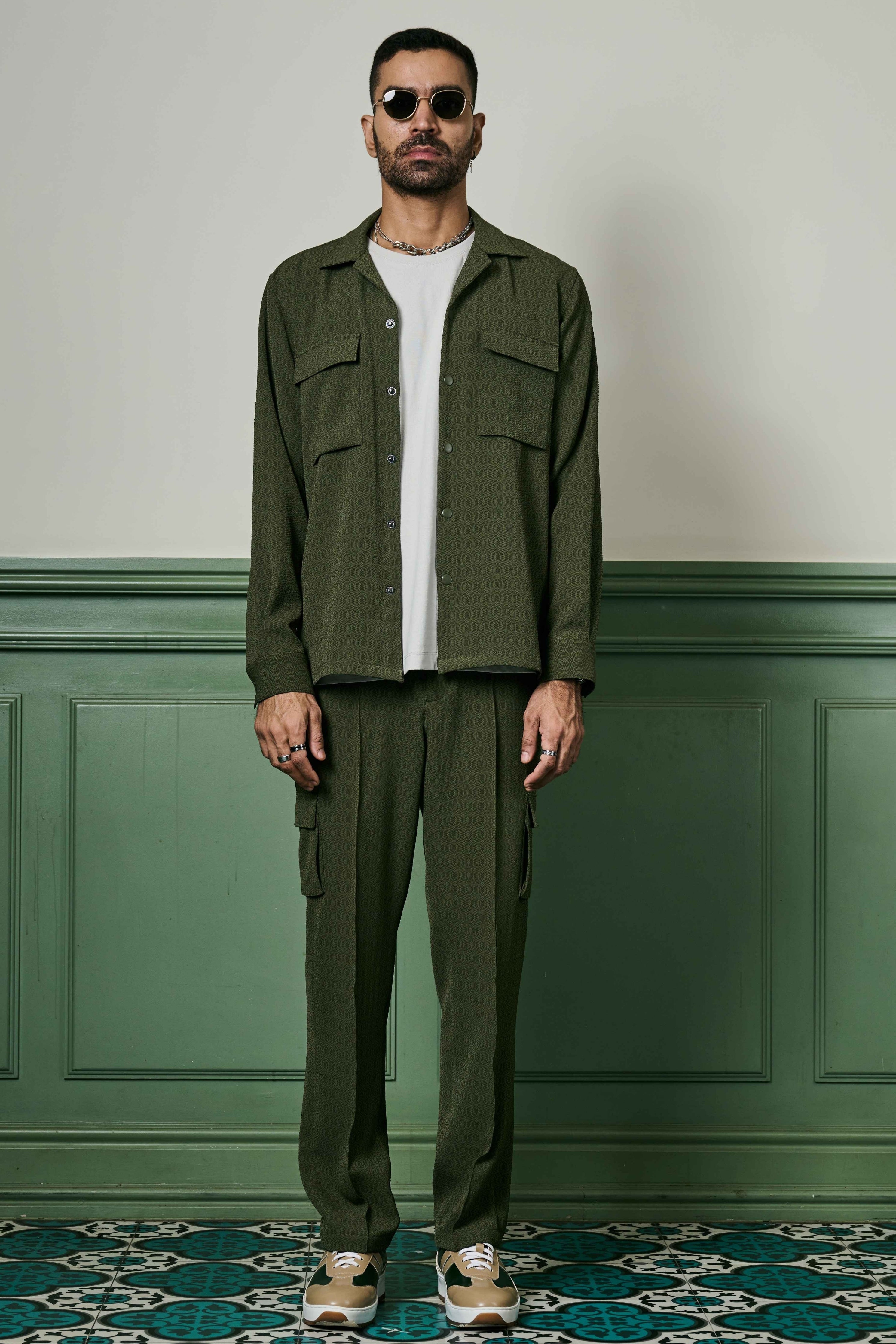 Olive Green Biscuit Crepe Co-Ord Set