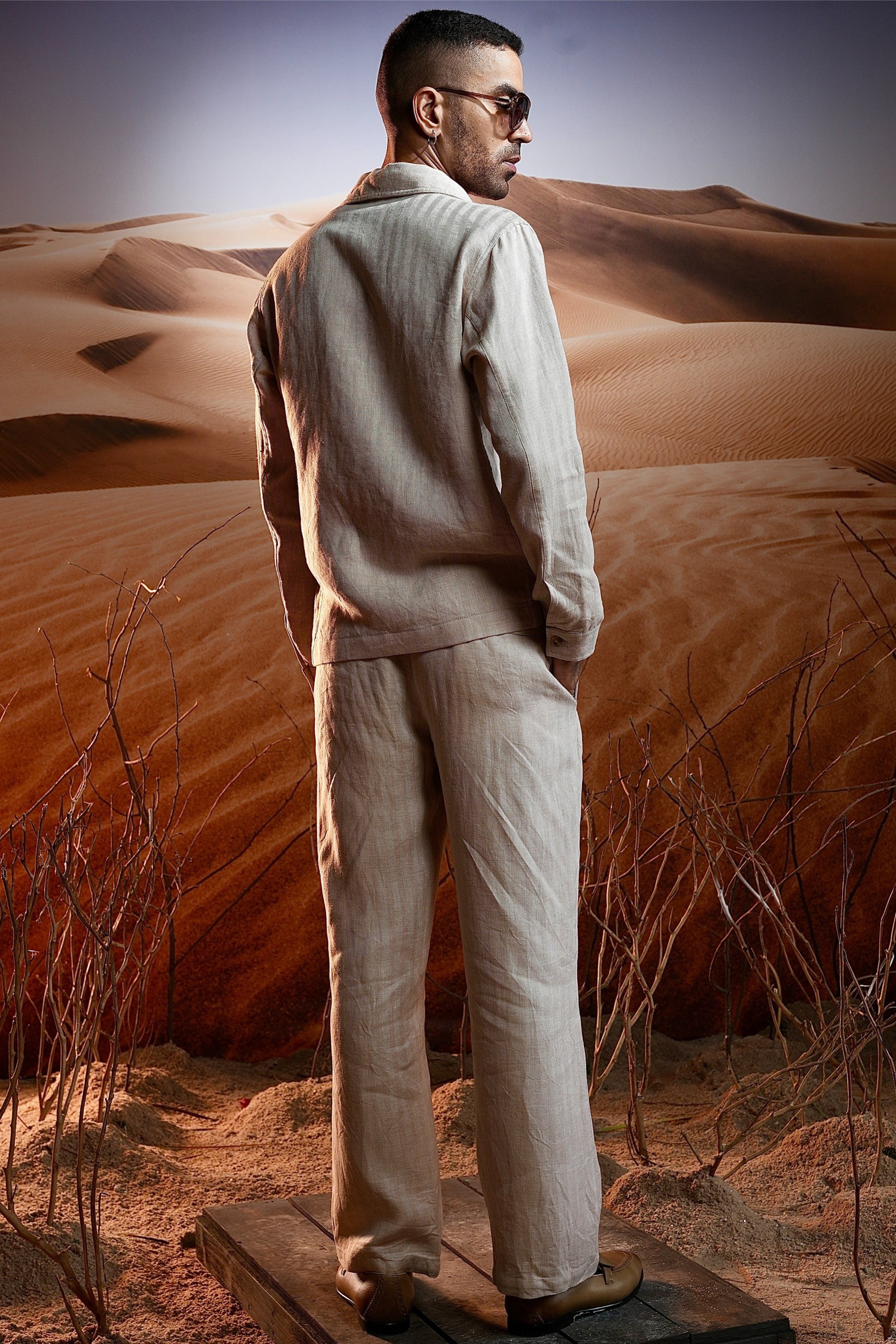 Beige Herringbone Linen Co-Ord Set