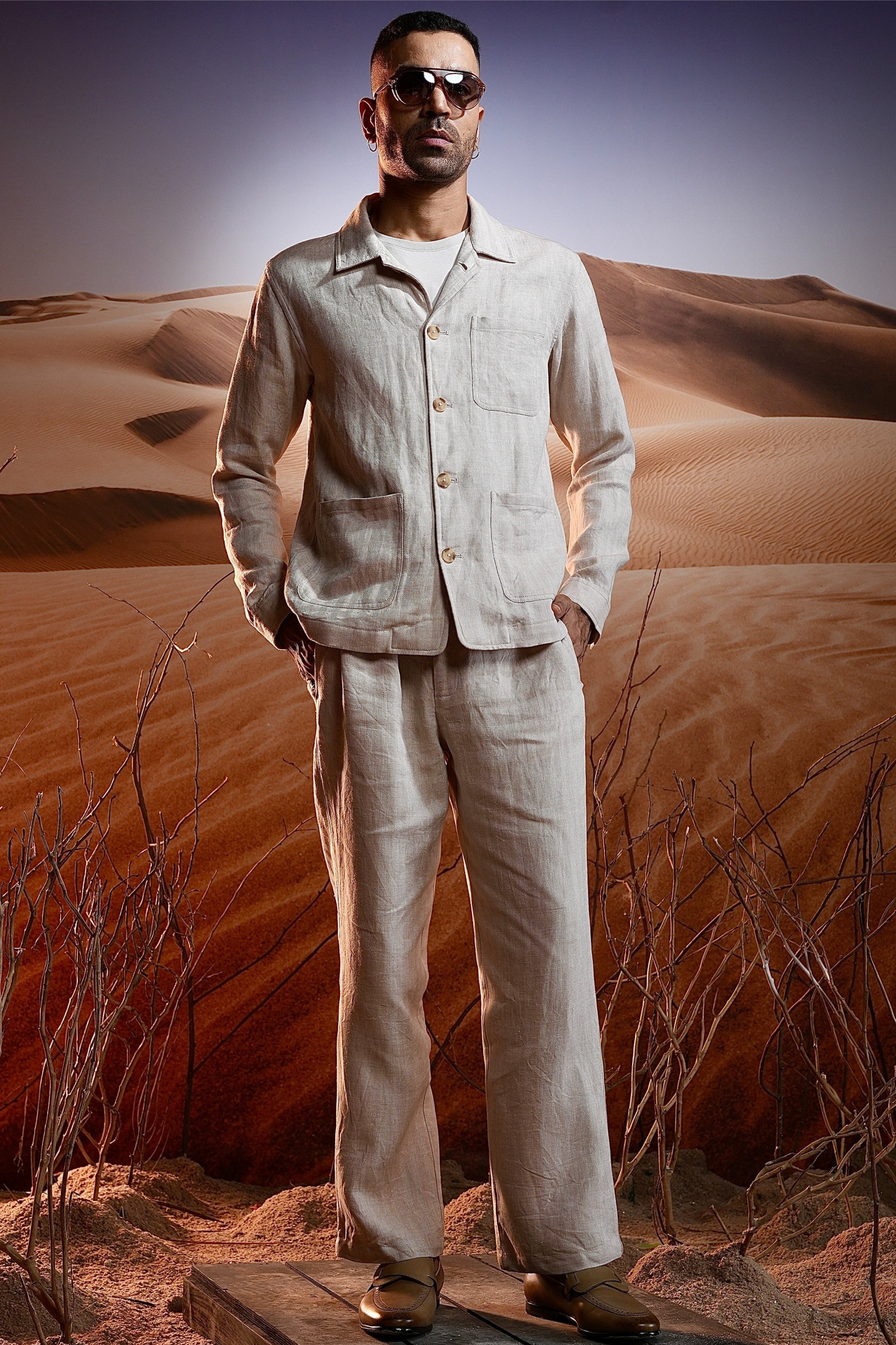 Beige Herringbone Linen Co-Ord Set