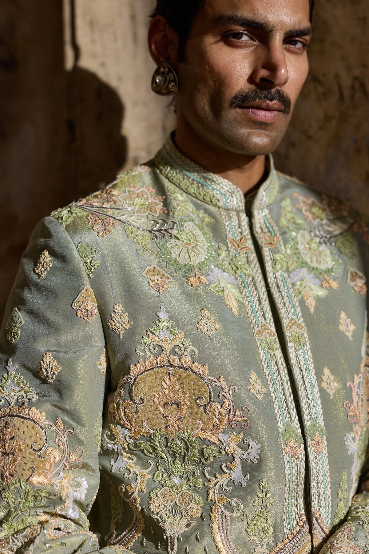 Pastel Green Tissue Embroidered Indo-Western Set