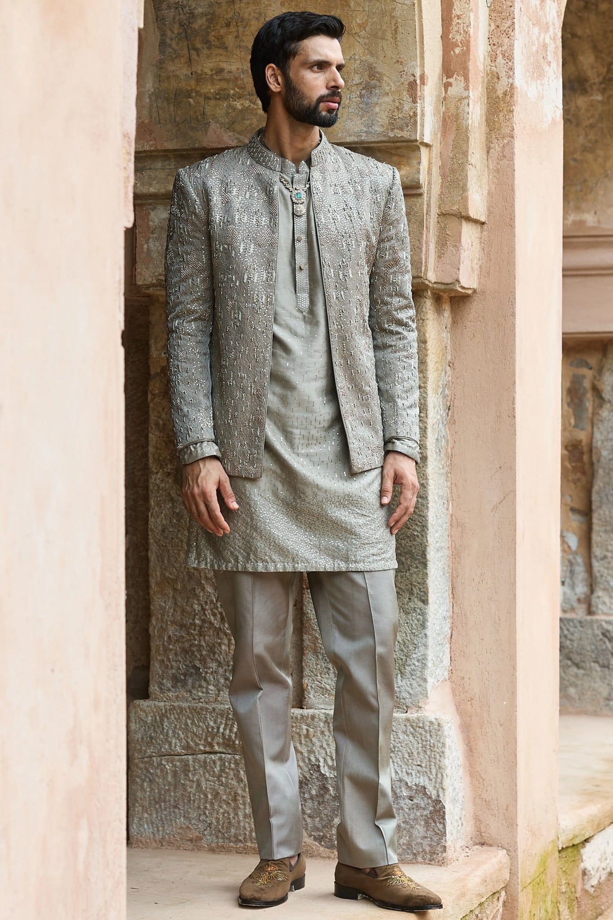 Grey Satin Silk Embroidered Bandhgala Set