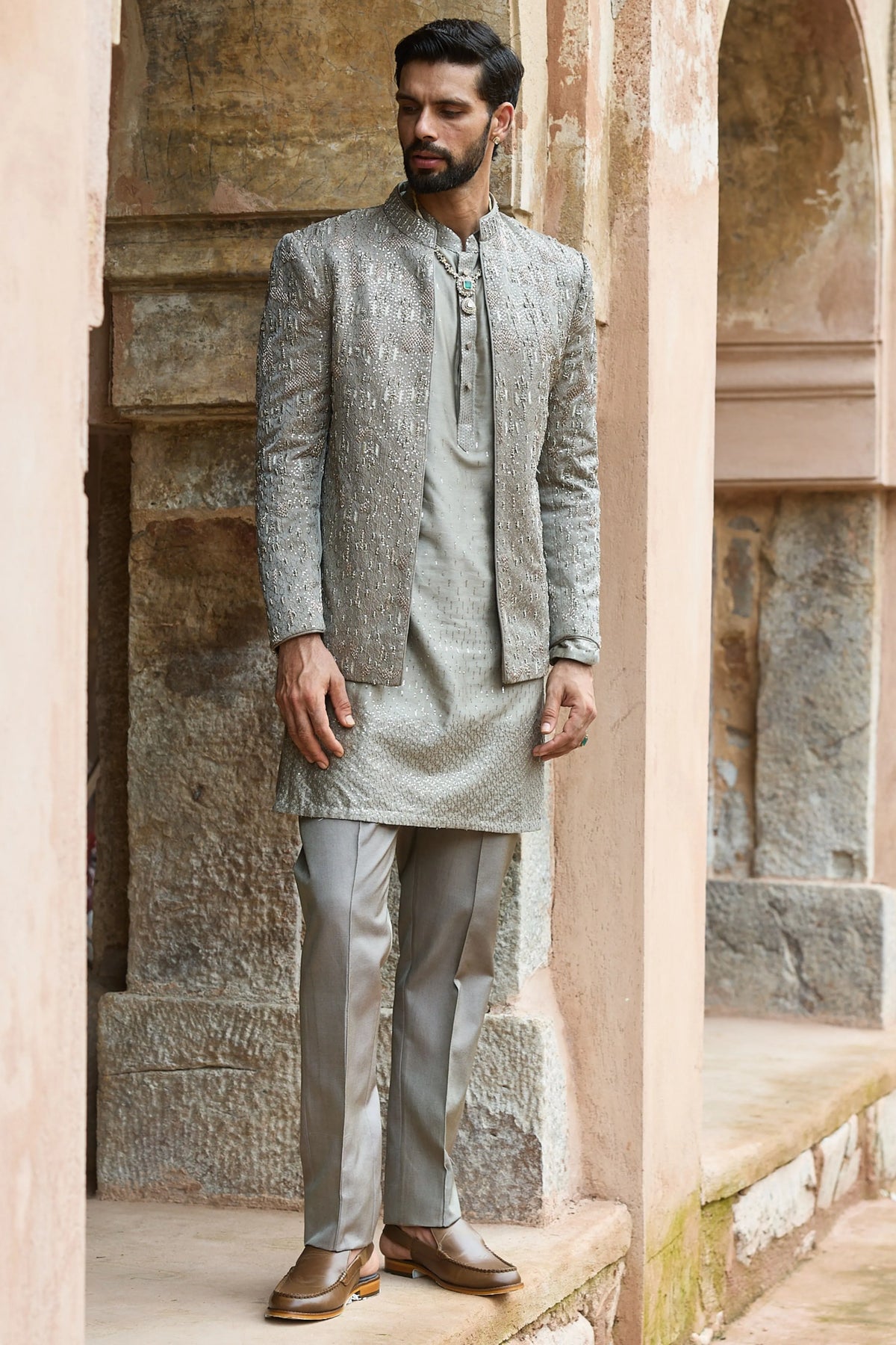 Grey Satin Silk Embroidered Bandhgala Set