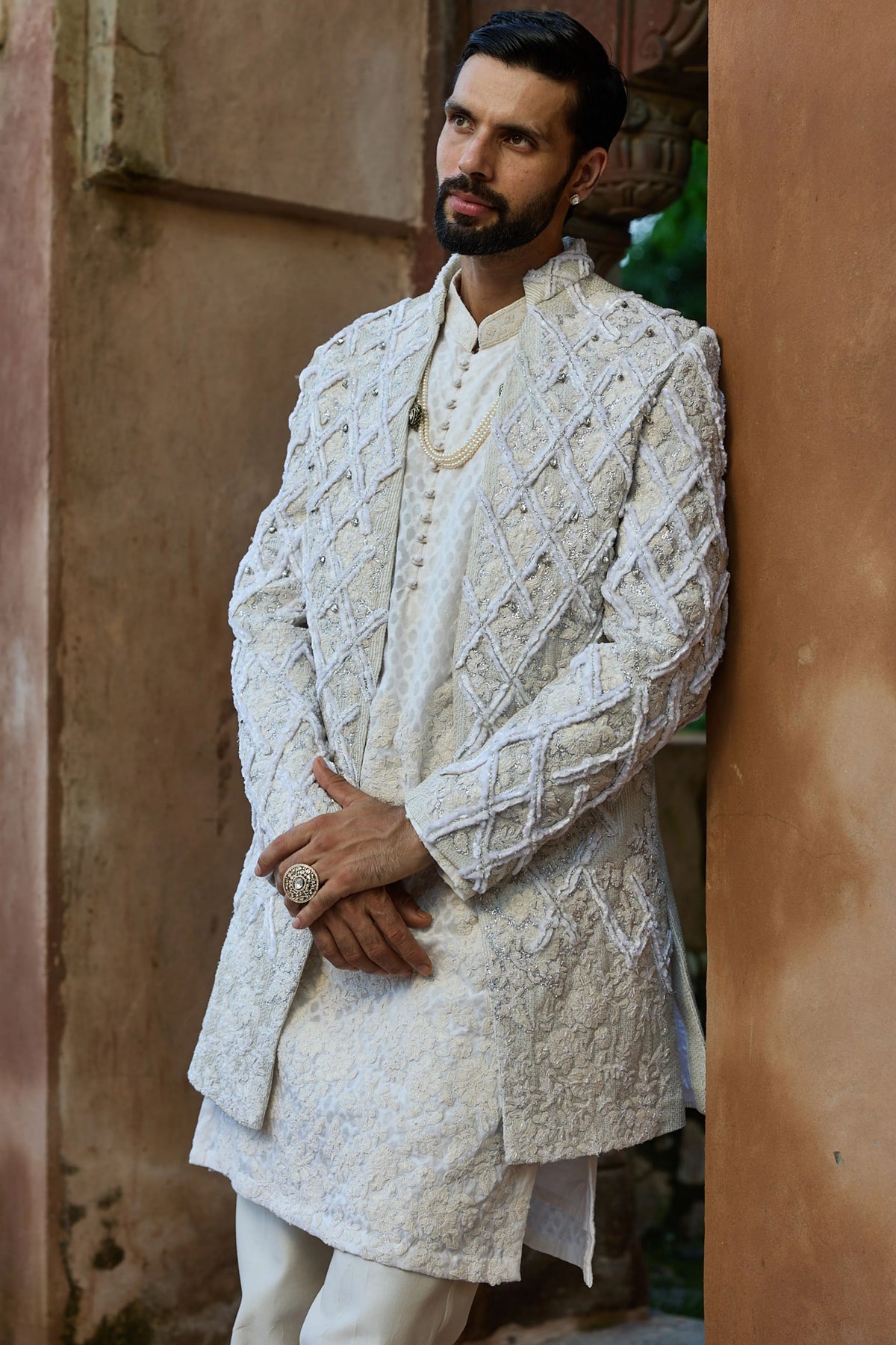 White Jaal Embroidered Indo-Western Set