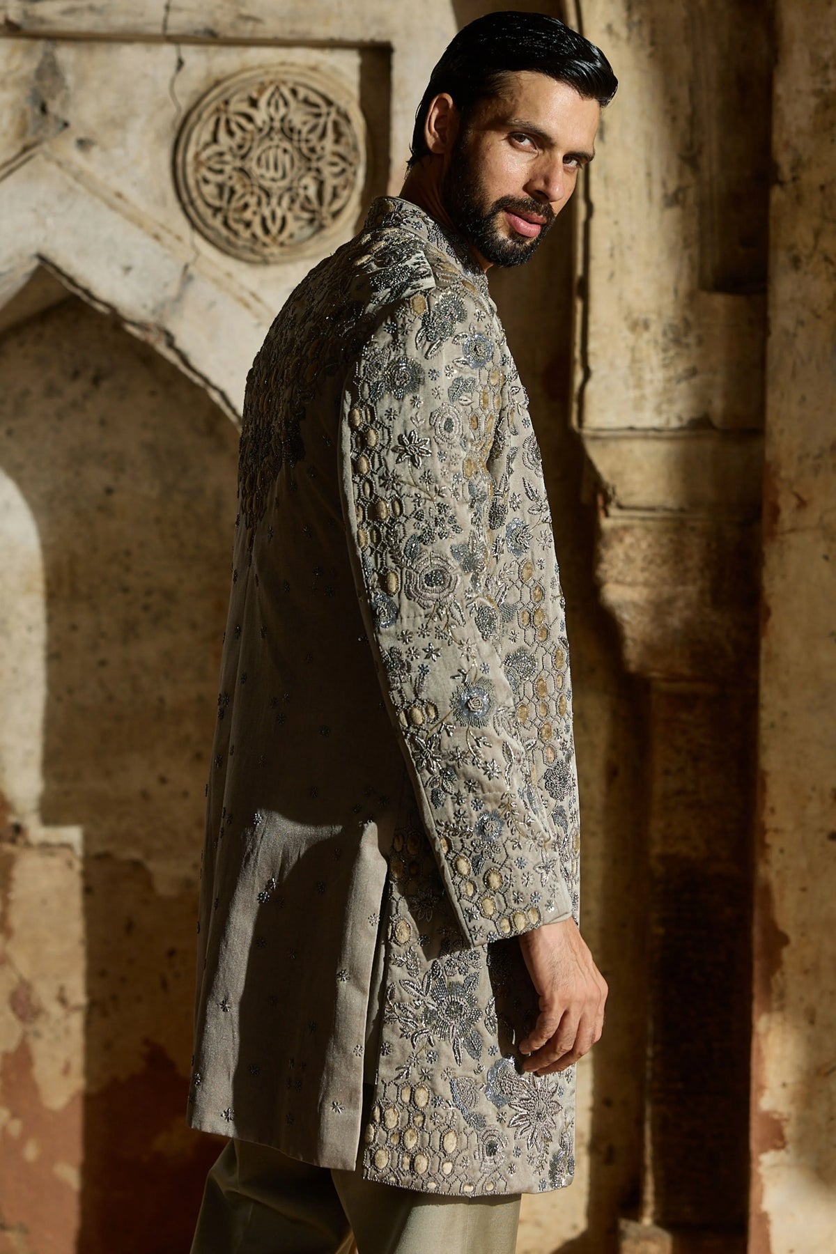 Grey Satin Silk Embroidered Indo-Western Set