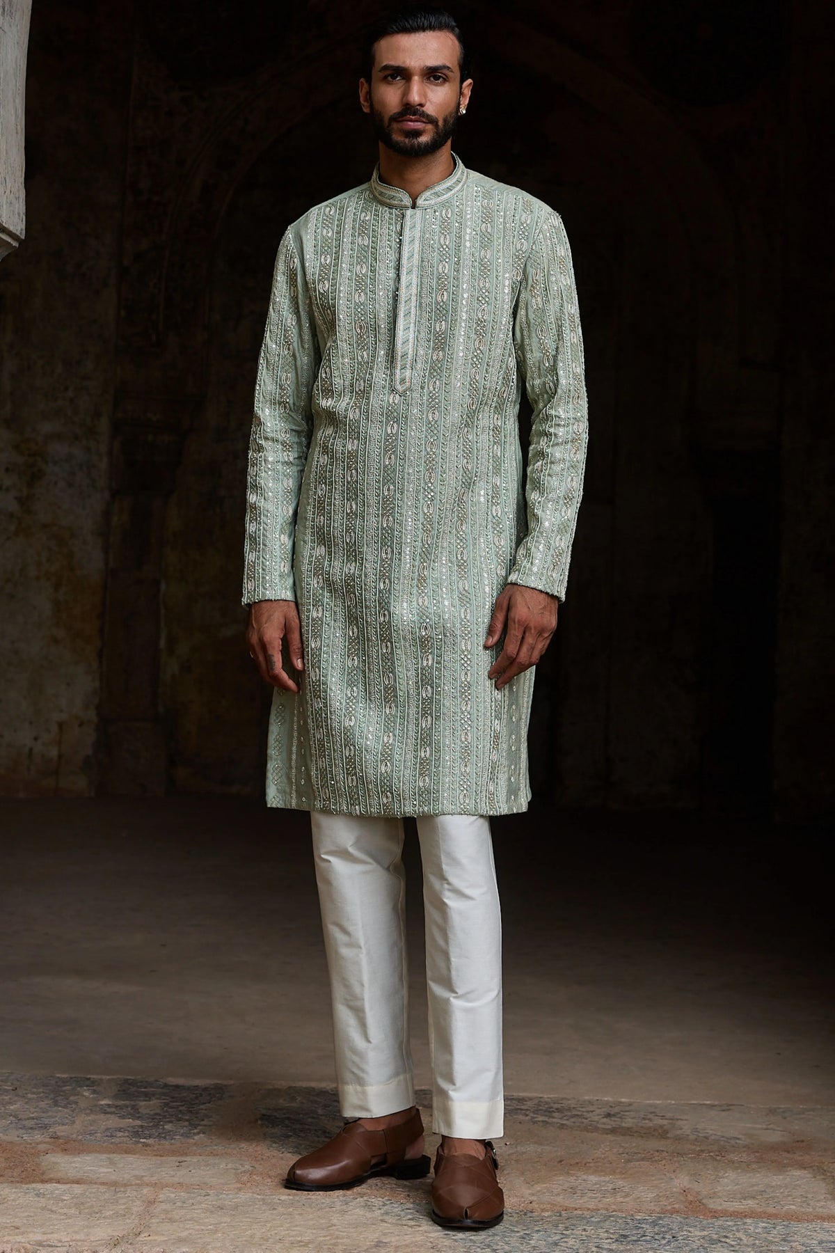 Mint Jacquard Embroidered Kurta Set