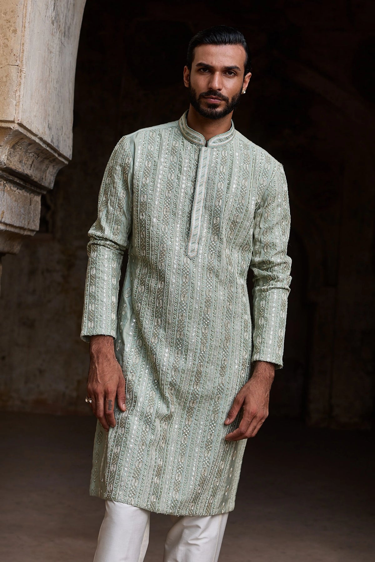 Mint Jacquard Embroidered Kurta Set