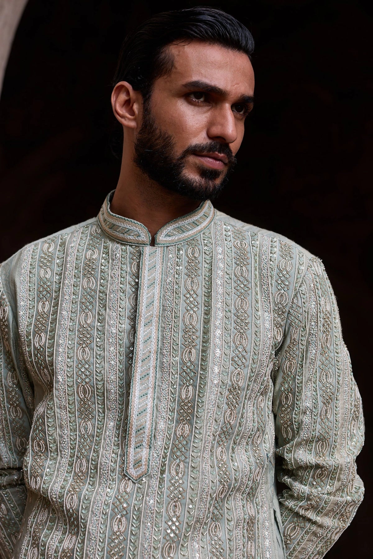 Mint Jacquard Embroidered Kurta Set