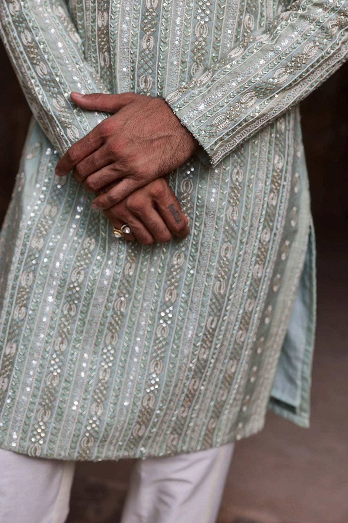 Mint Jacquard Embroidered Kurta Set