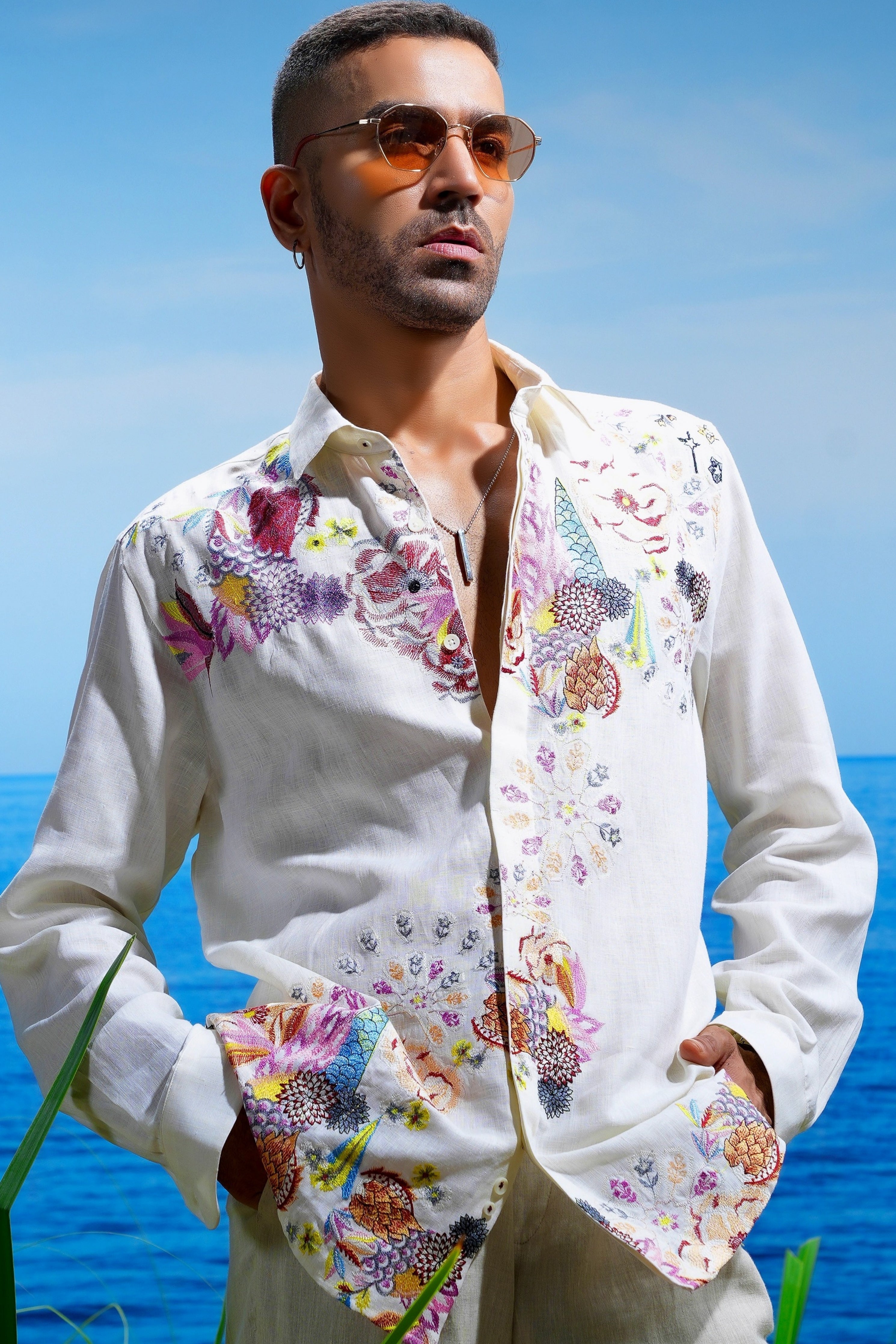 Floral Odyssey Embroidered Linen Shirt