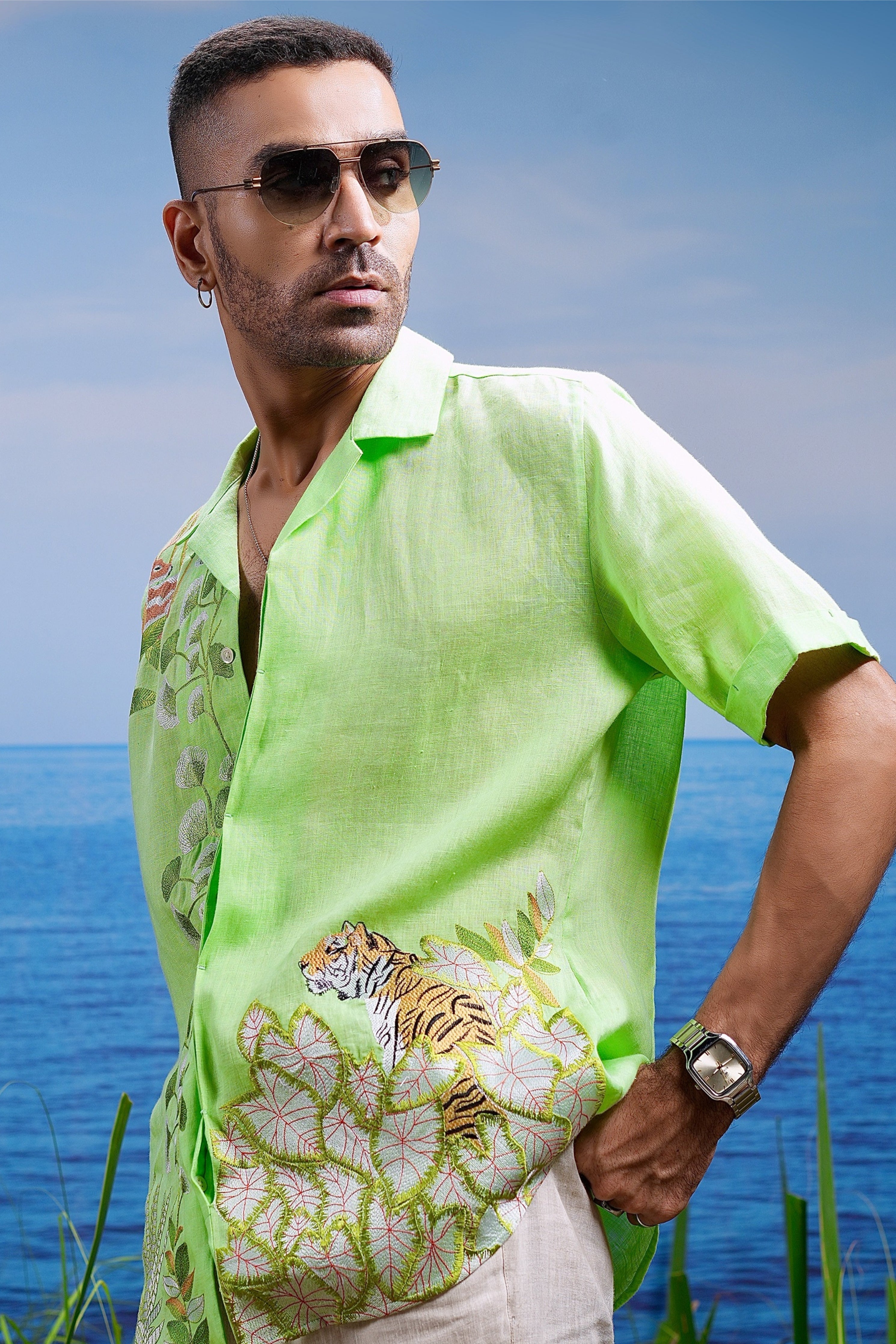 Tropical Oasis Cuban Embroidered Linen Shirt