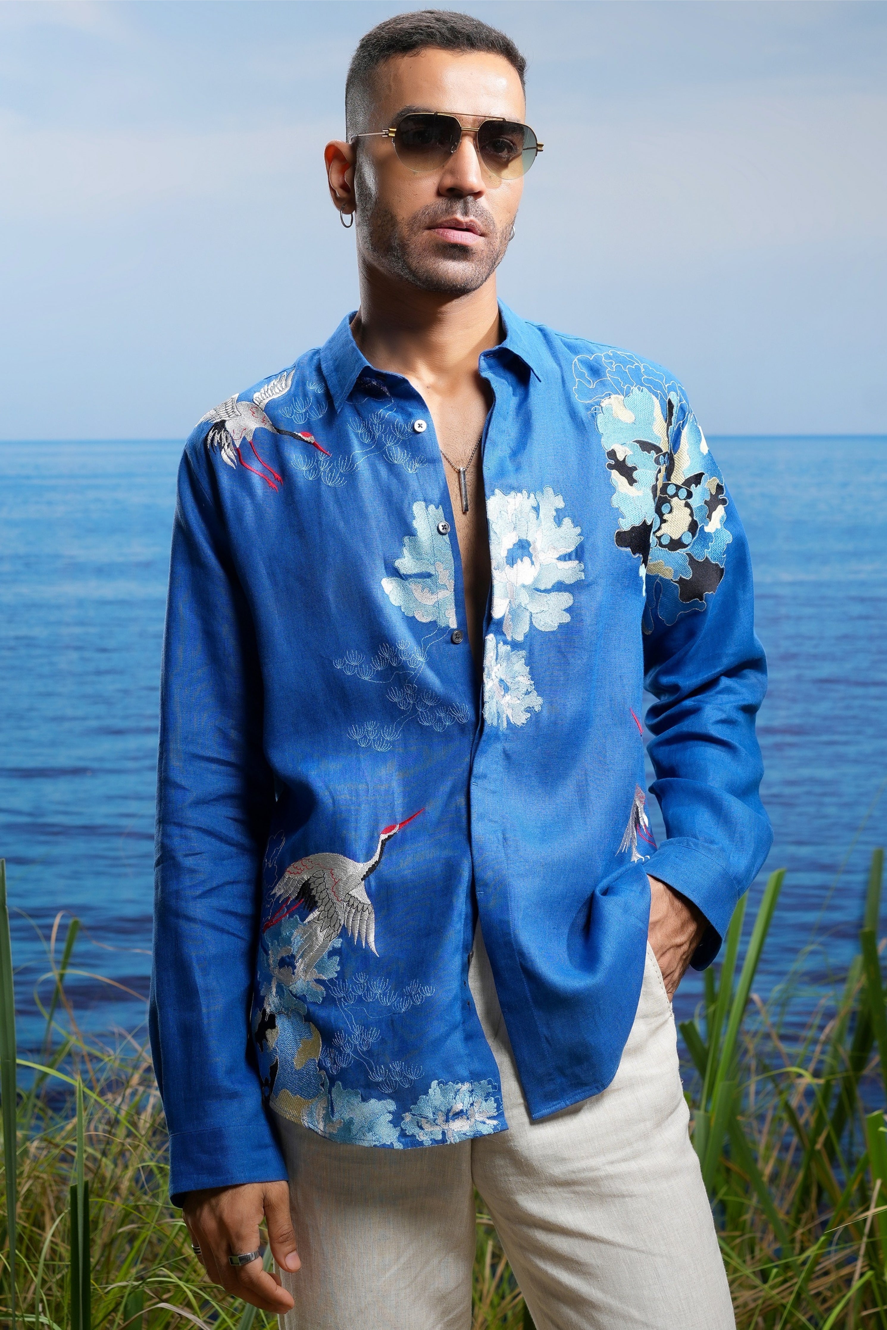 Blue Crane Tapestry Embroidered Linen Shirt
