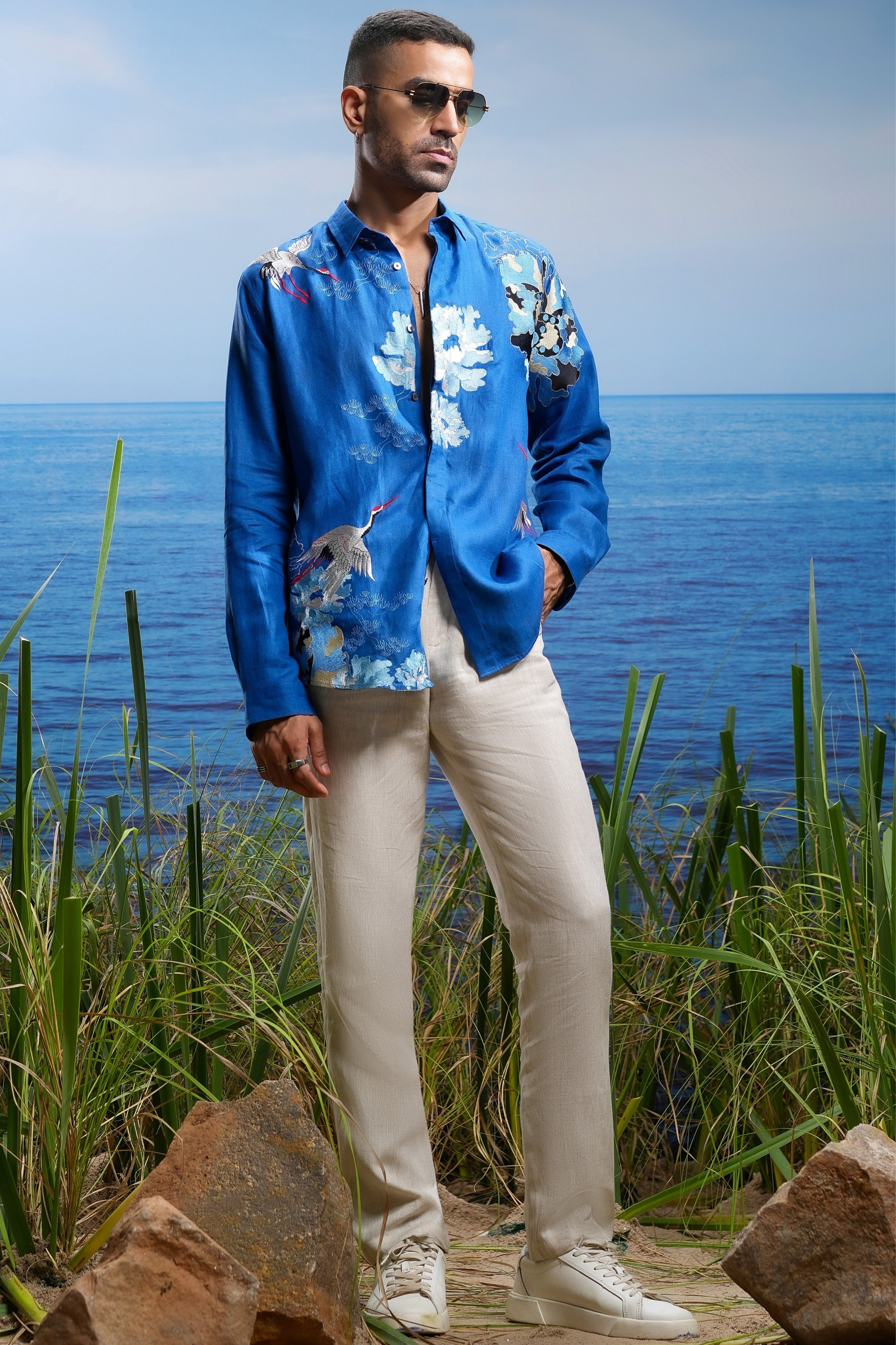 Blue Crane Tapestry Embroidered Linen Shirt