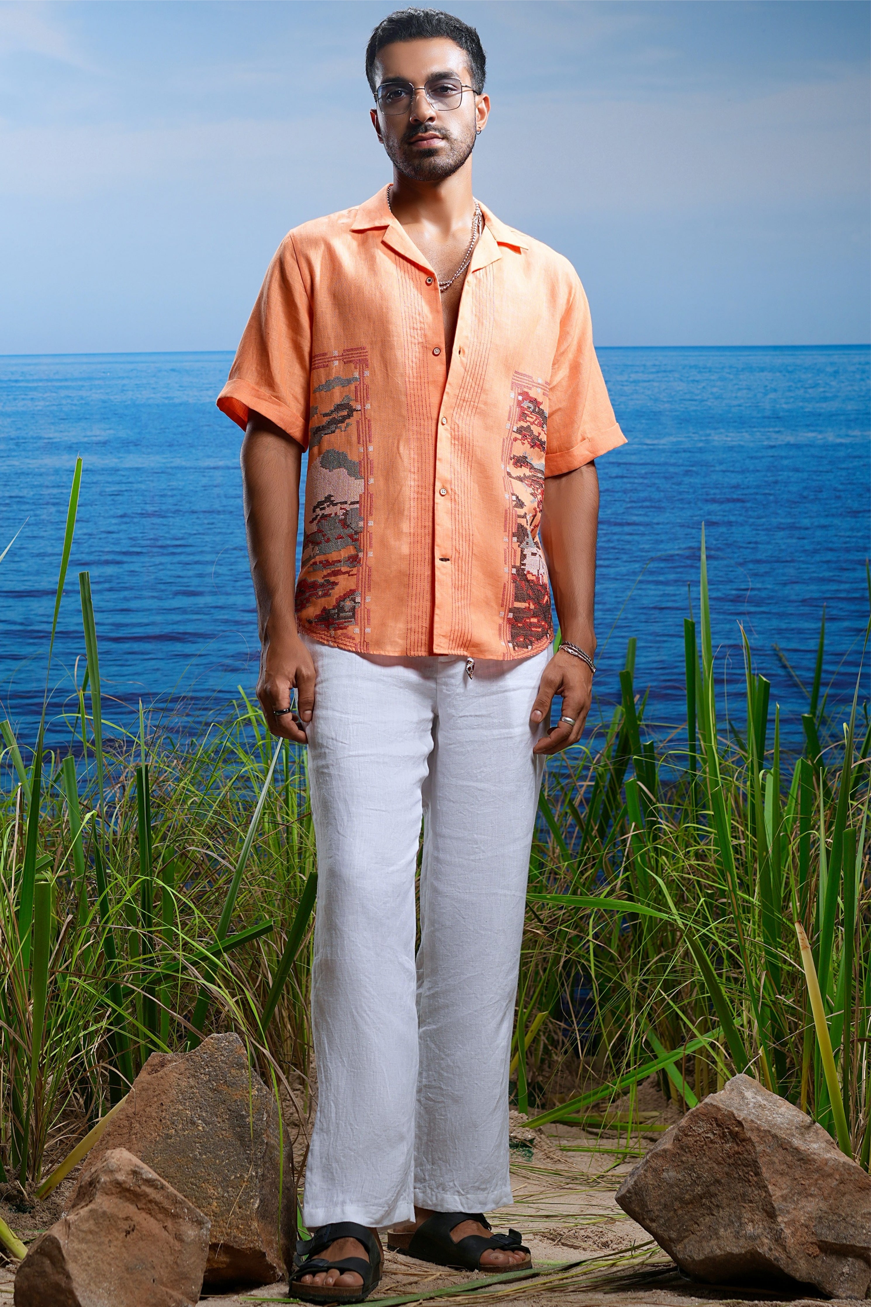 Sunset Stitch Tapestry Embroidered Linen Shirt