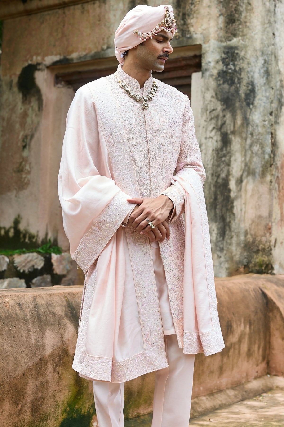 Baby Pink Raw Silk Embroidered Sherwani Set