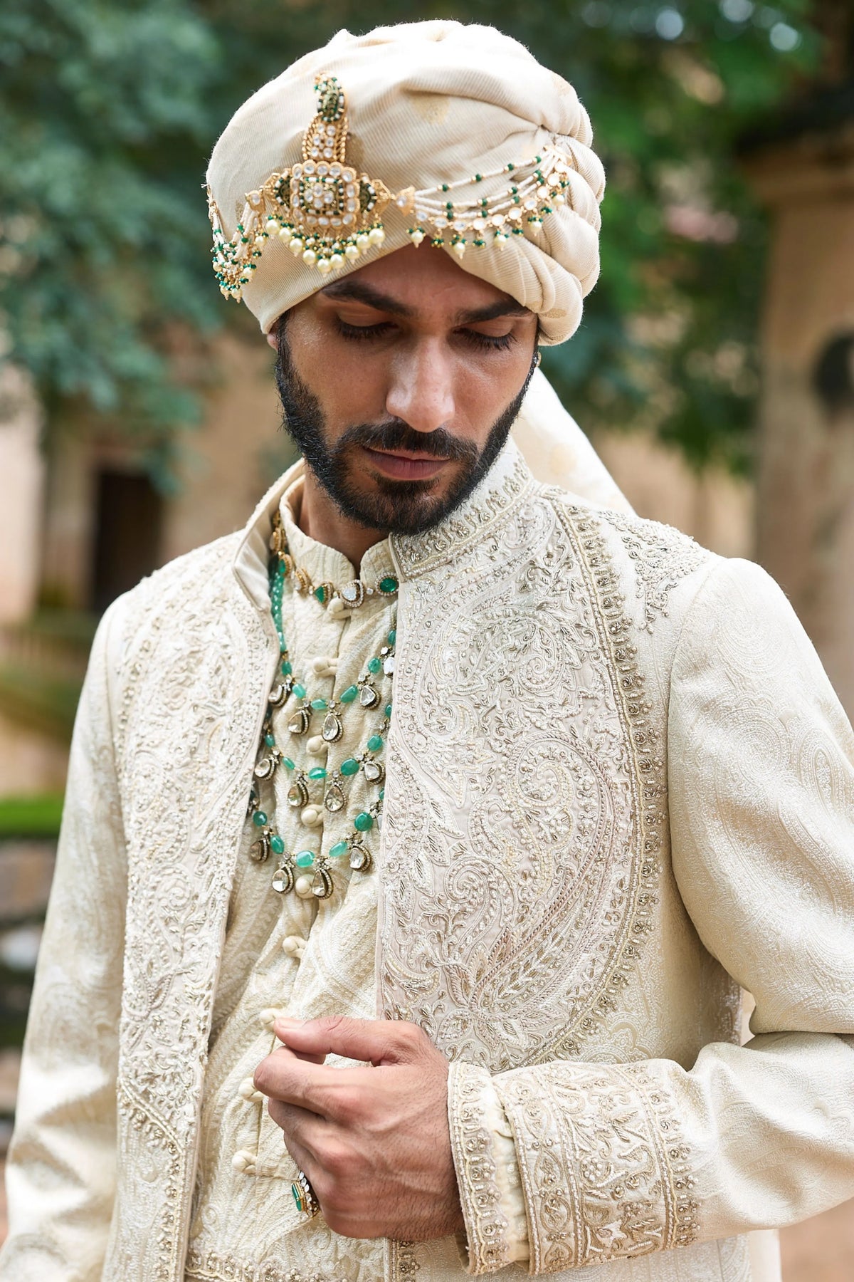 Crème Jacquard Anarkali Sherwani Set