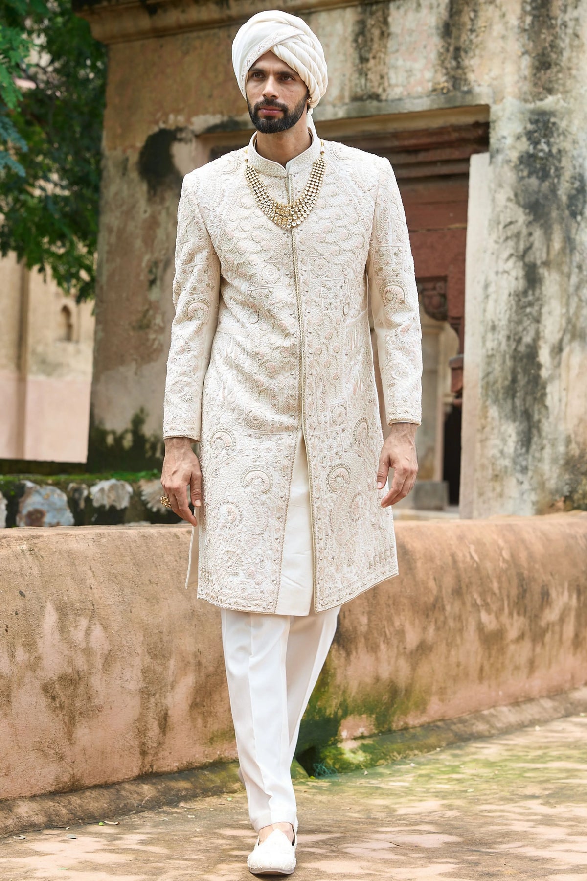 Ivory Pink Raw Silk Embroidered Sherwani Set