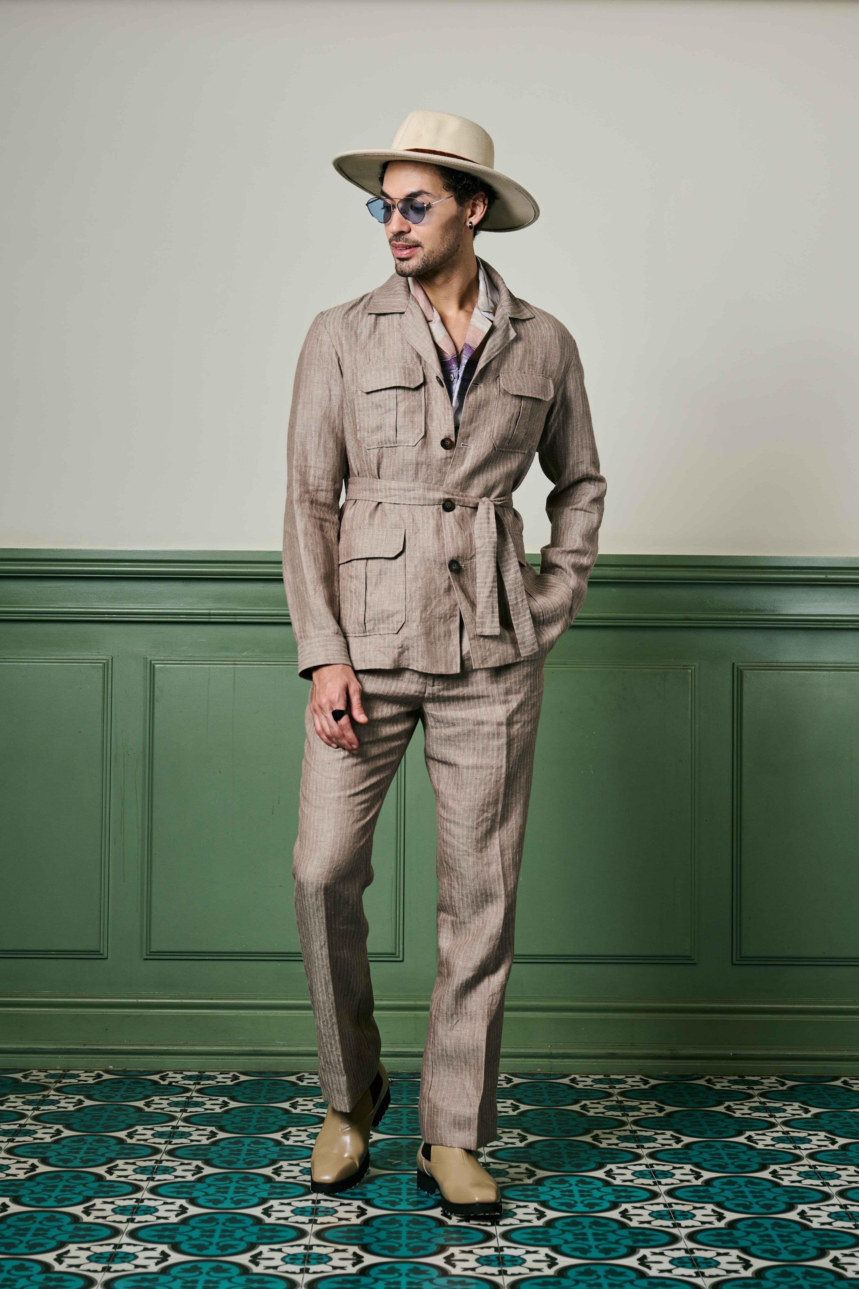 Herringbone Textured Linen Safari Suit