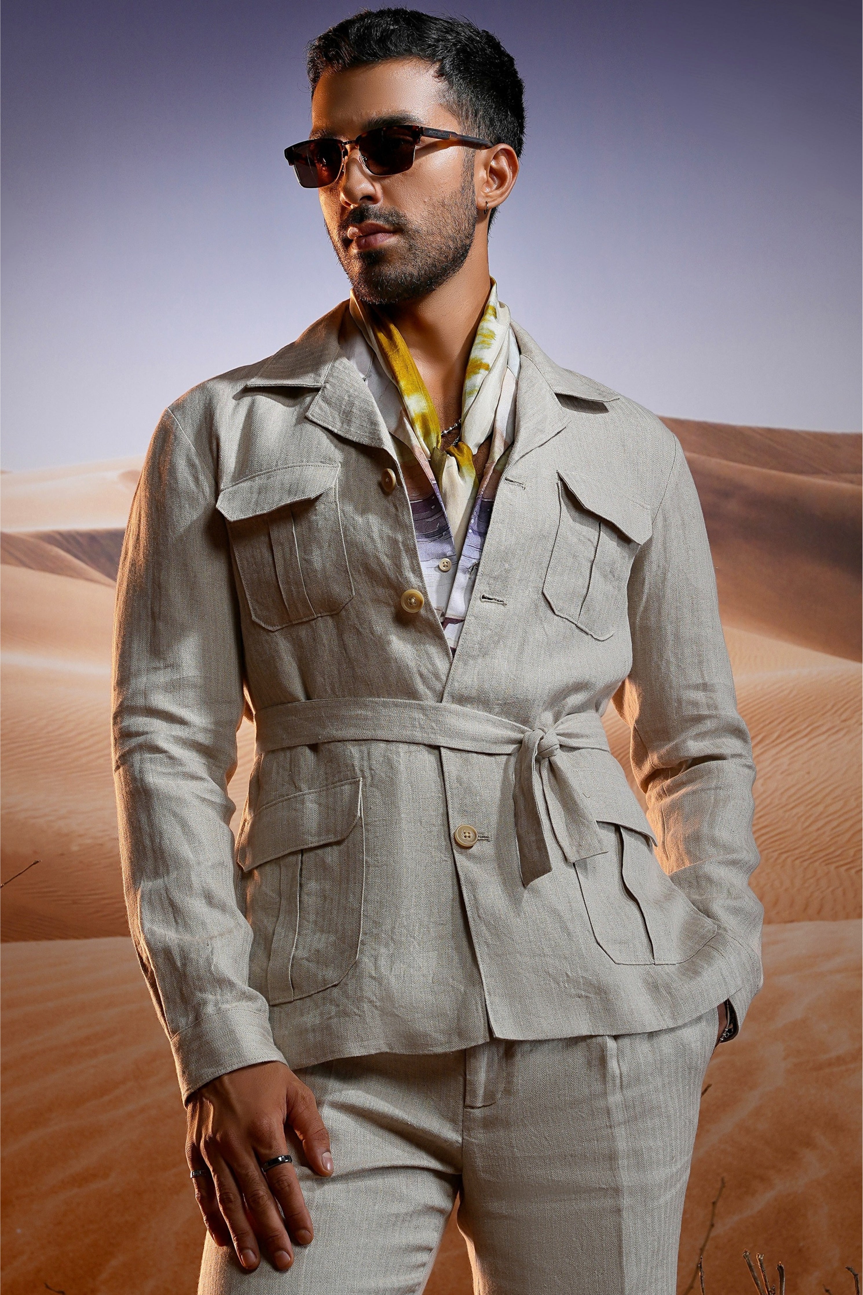 Desert Oasis Herringbone Linen Safari Suit