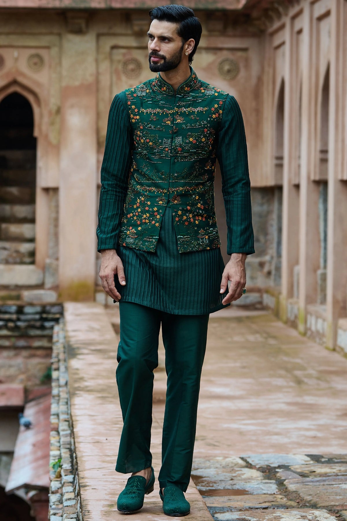 Cobalt Green Floral Raw Silk Bundi Kurta Set