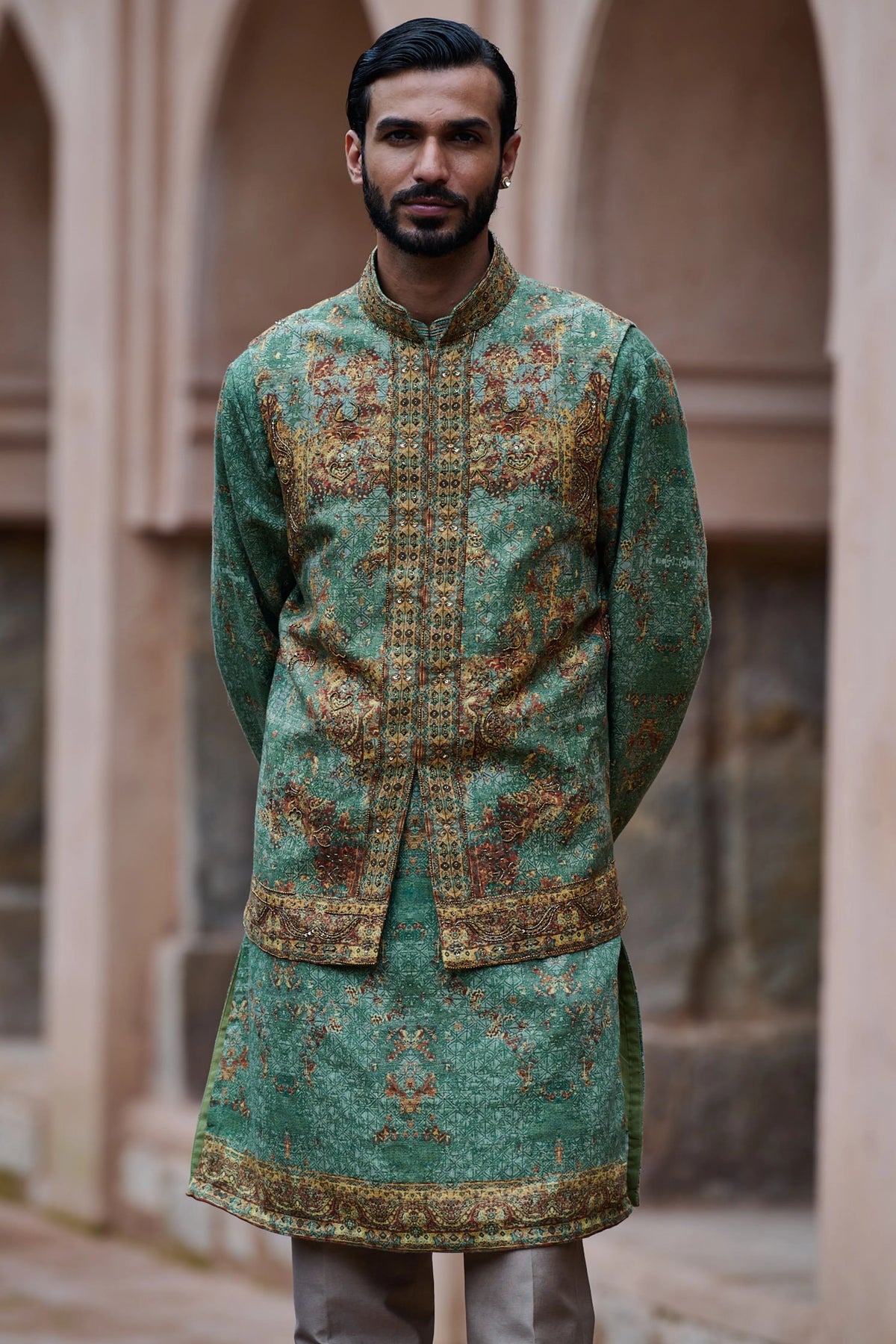 Earthy Green Printed Cotton Linen Bundi Kurta Set