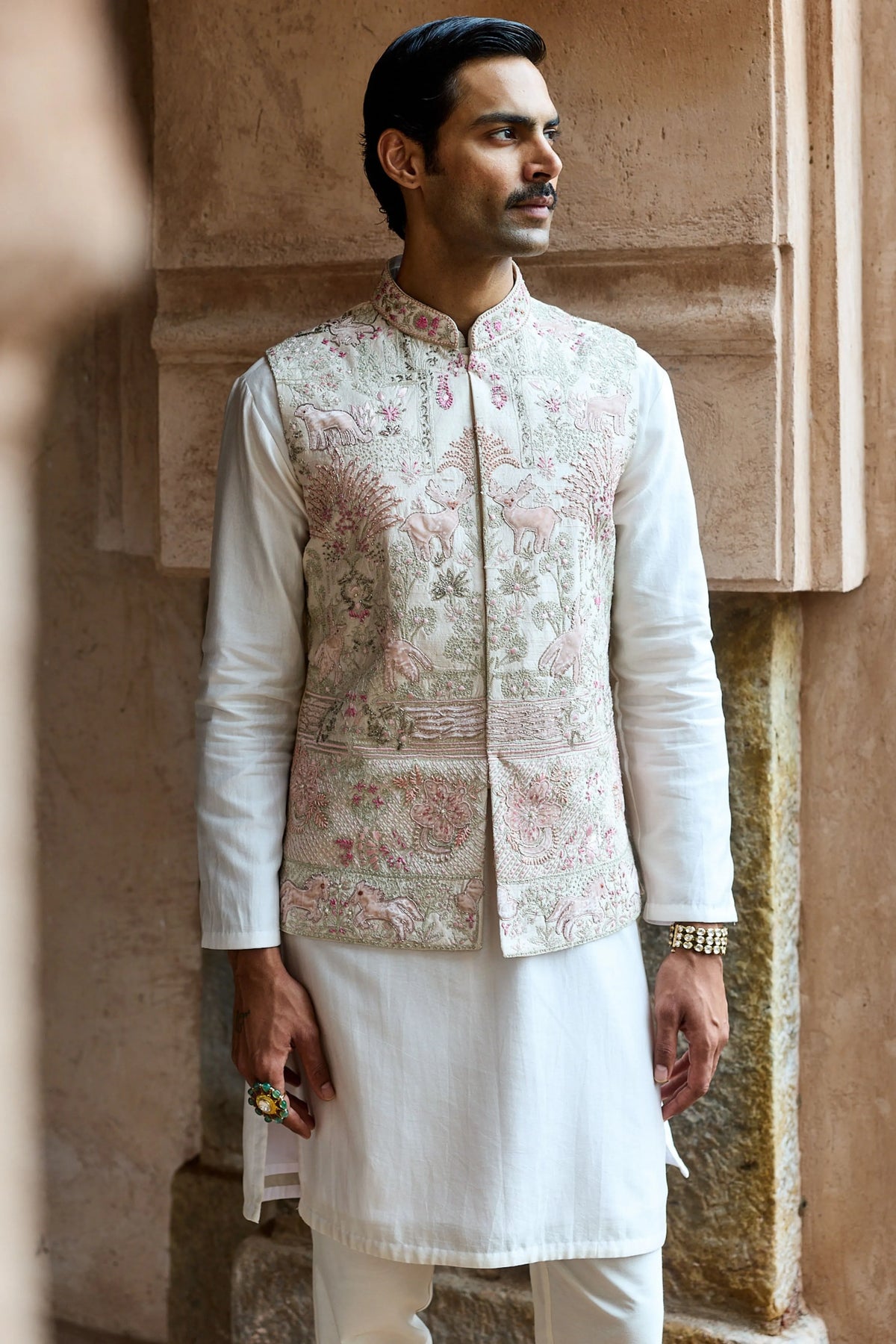 Ivory Velvet-Patch Raw Silk Embroidered Bundi Kurta Set