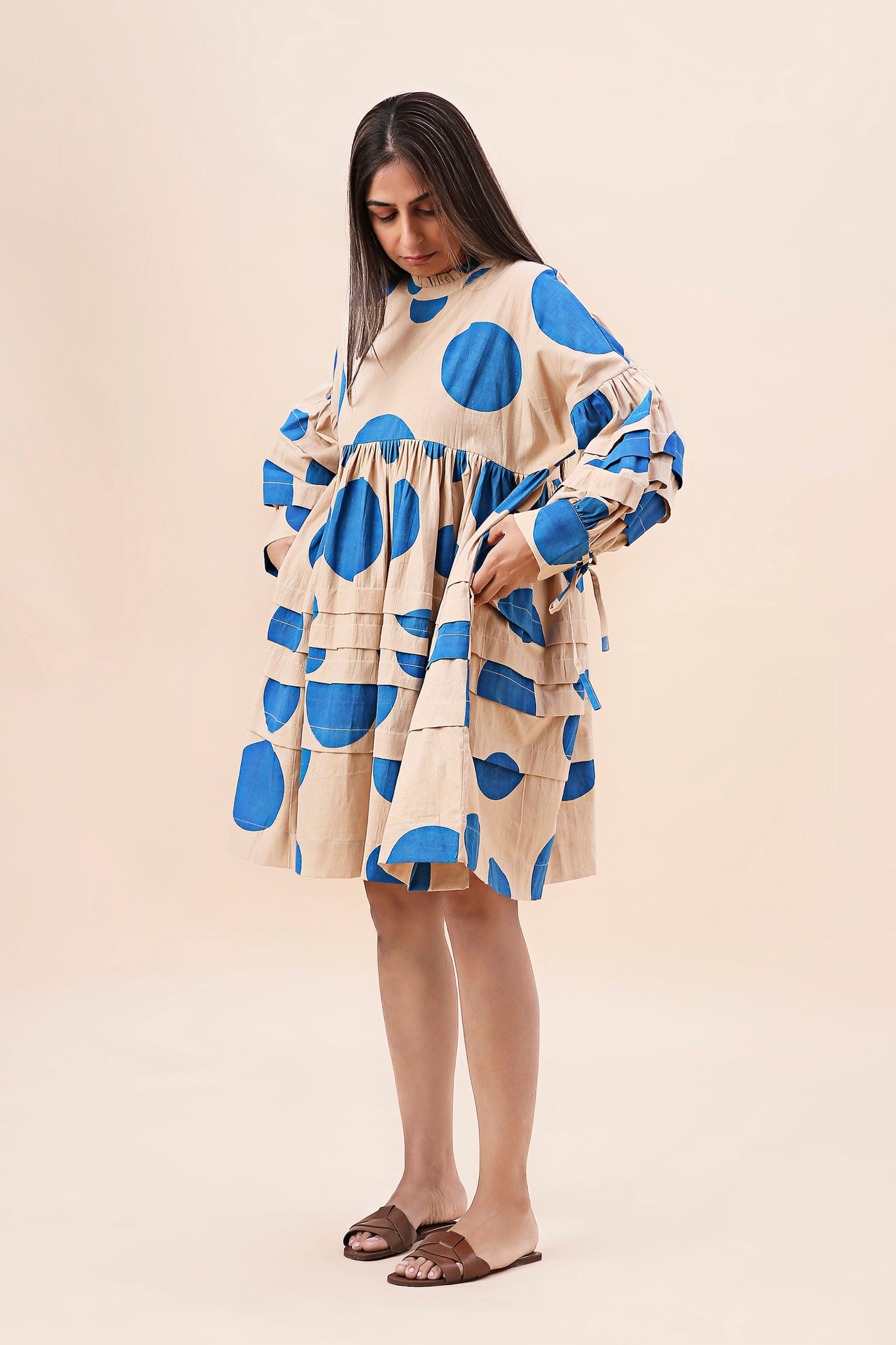 Blue Hand Block Printed Polka Avira Dress