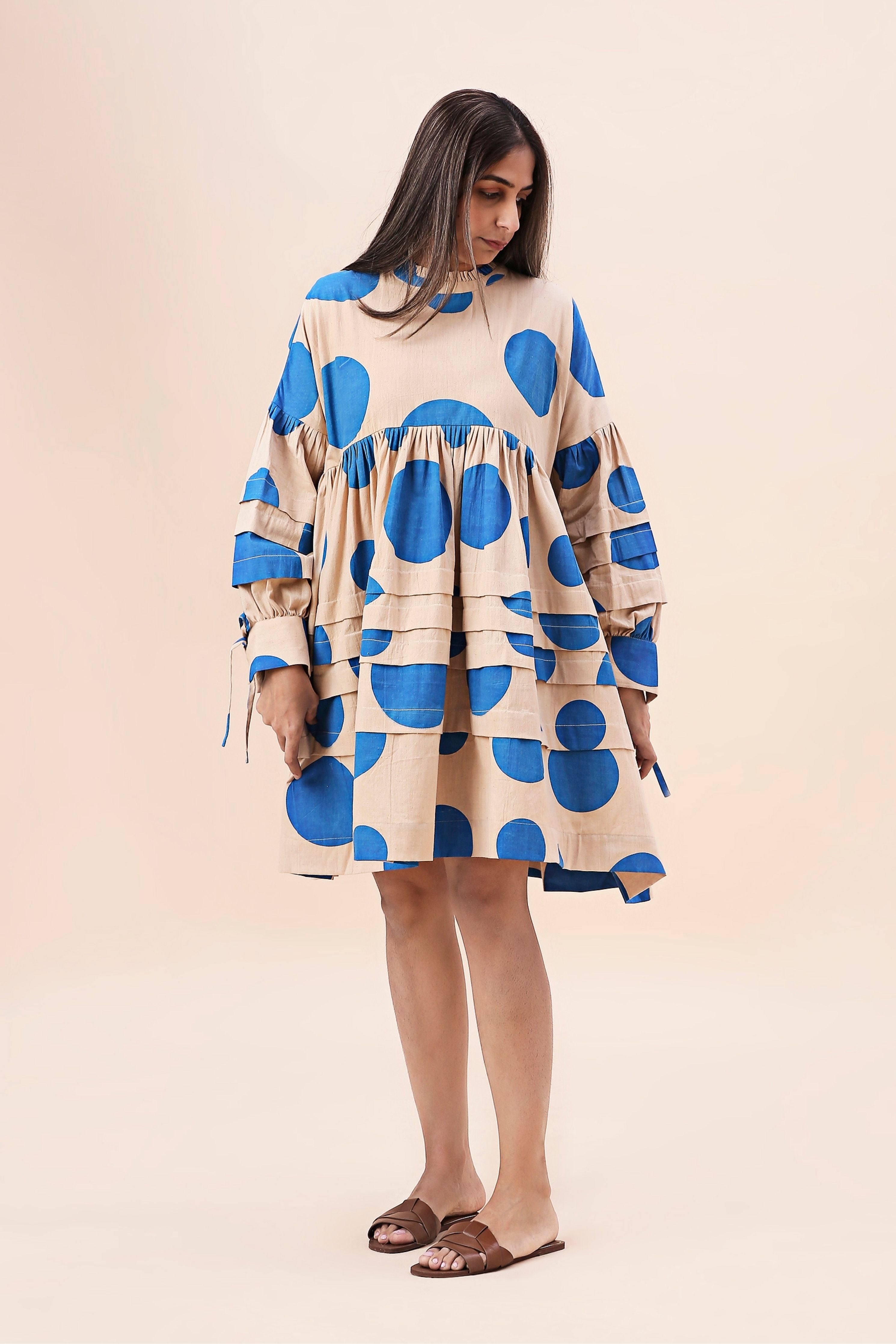 Blue Hand Block Printed Polka Avira Dress