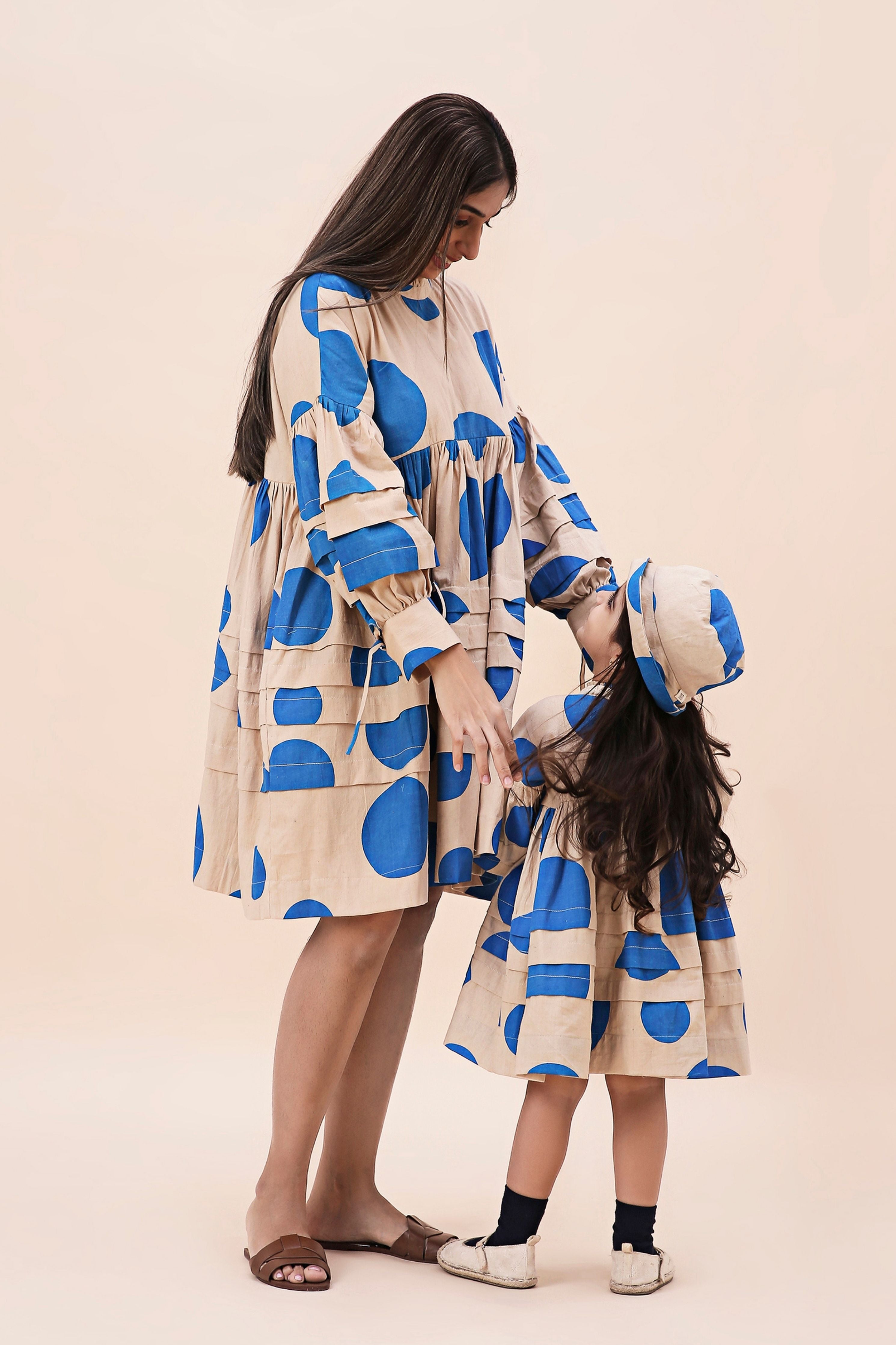 Blue Hand Block Printed Polka Avira Dress